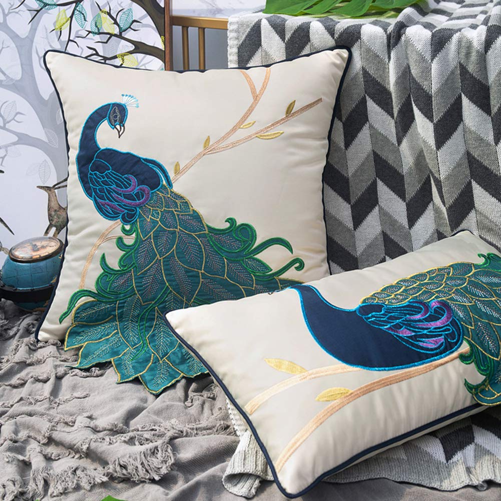 Vctops Embroidered Peacock Decorative Throw Pillow Case Silky Satin Cushion Cover Peacock 3 12"X20 - View #12