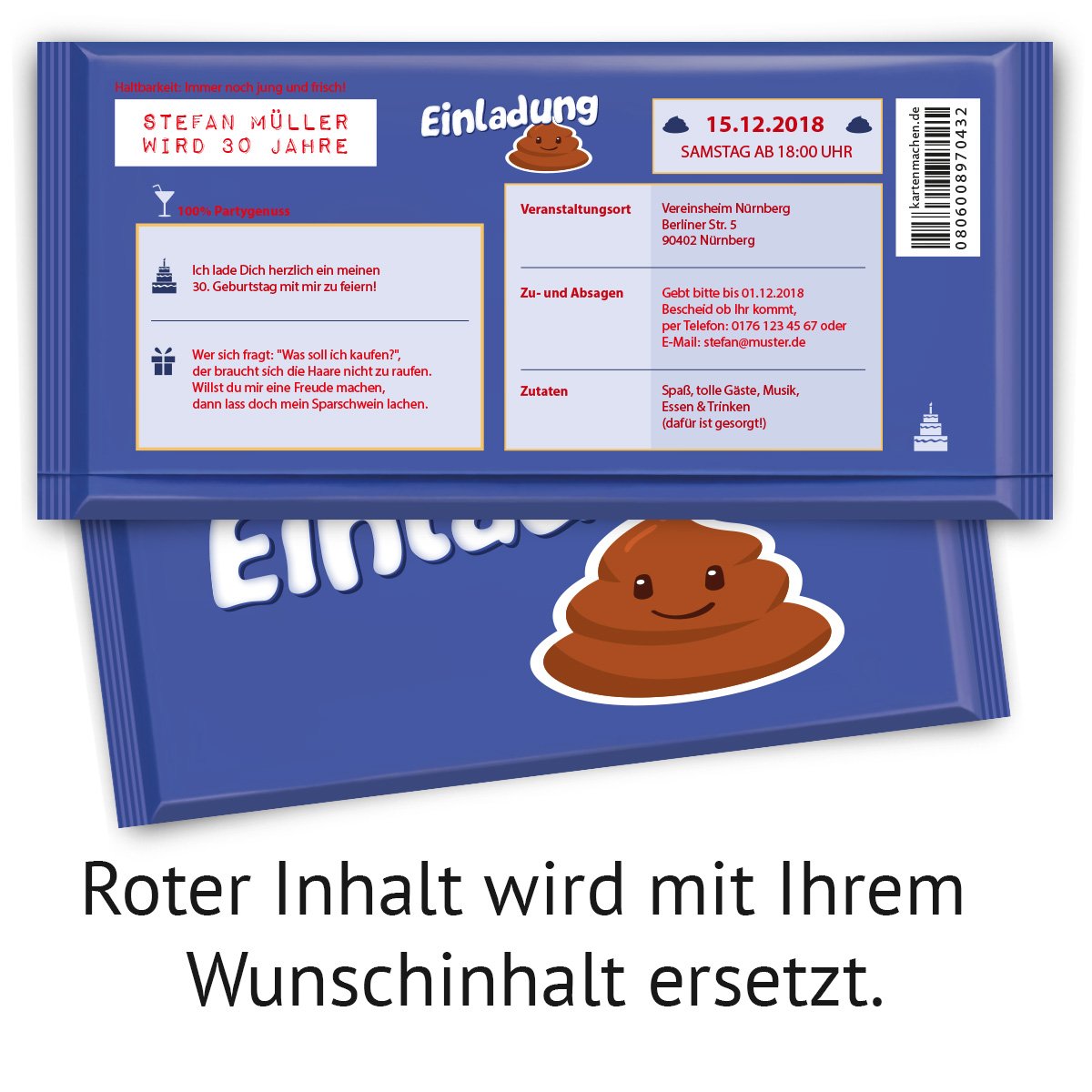 Einladungskarten zum Geburtstag (30 Stück) lila Schokolade Motiv