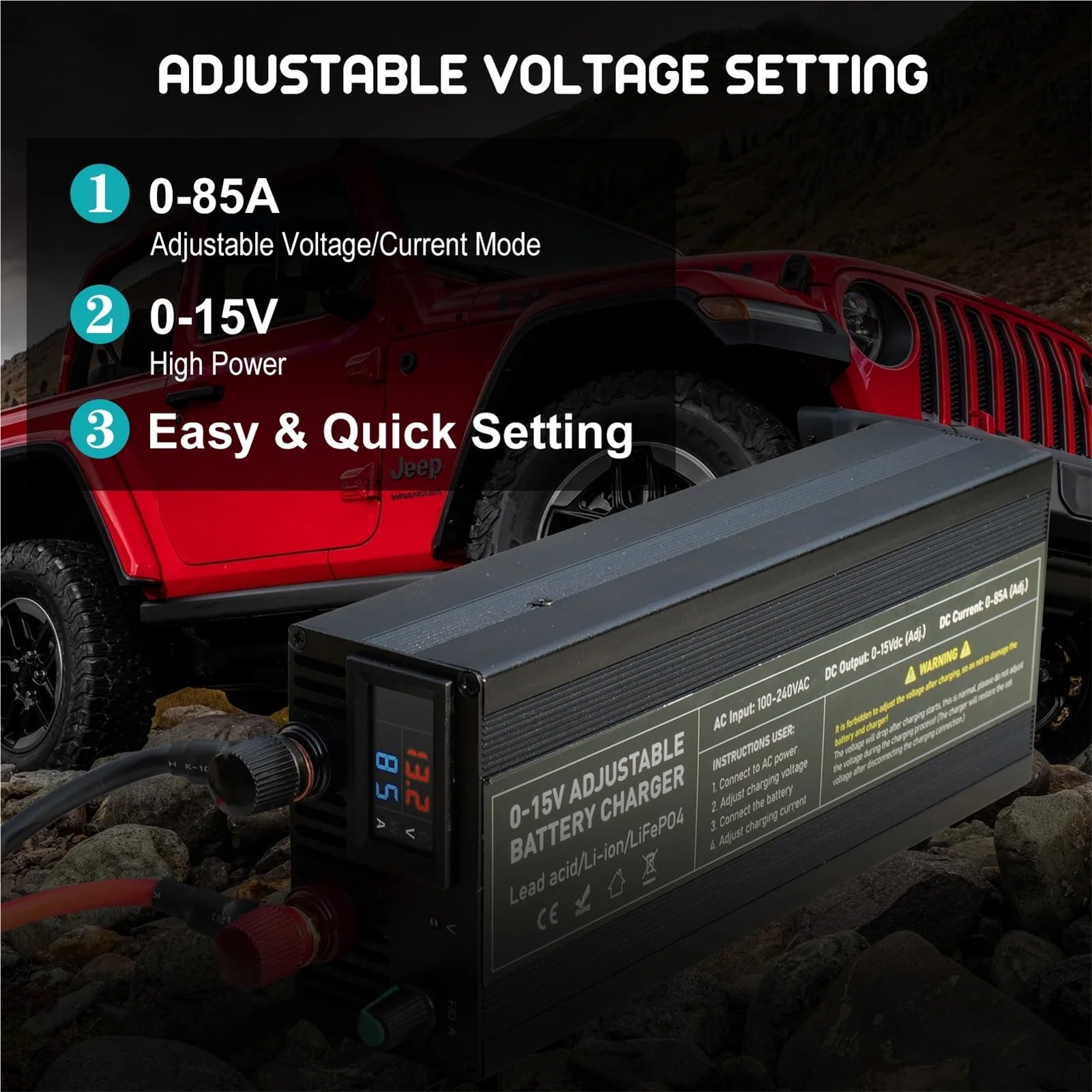 Chargeur de batterie haute puissance 14,6 V 60 A/85 A/100 A LCD Smart Chargeur universel Charge rapide pour courant et tension réglables de 0 à 15 V (CT100A avec clip)