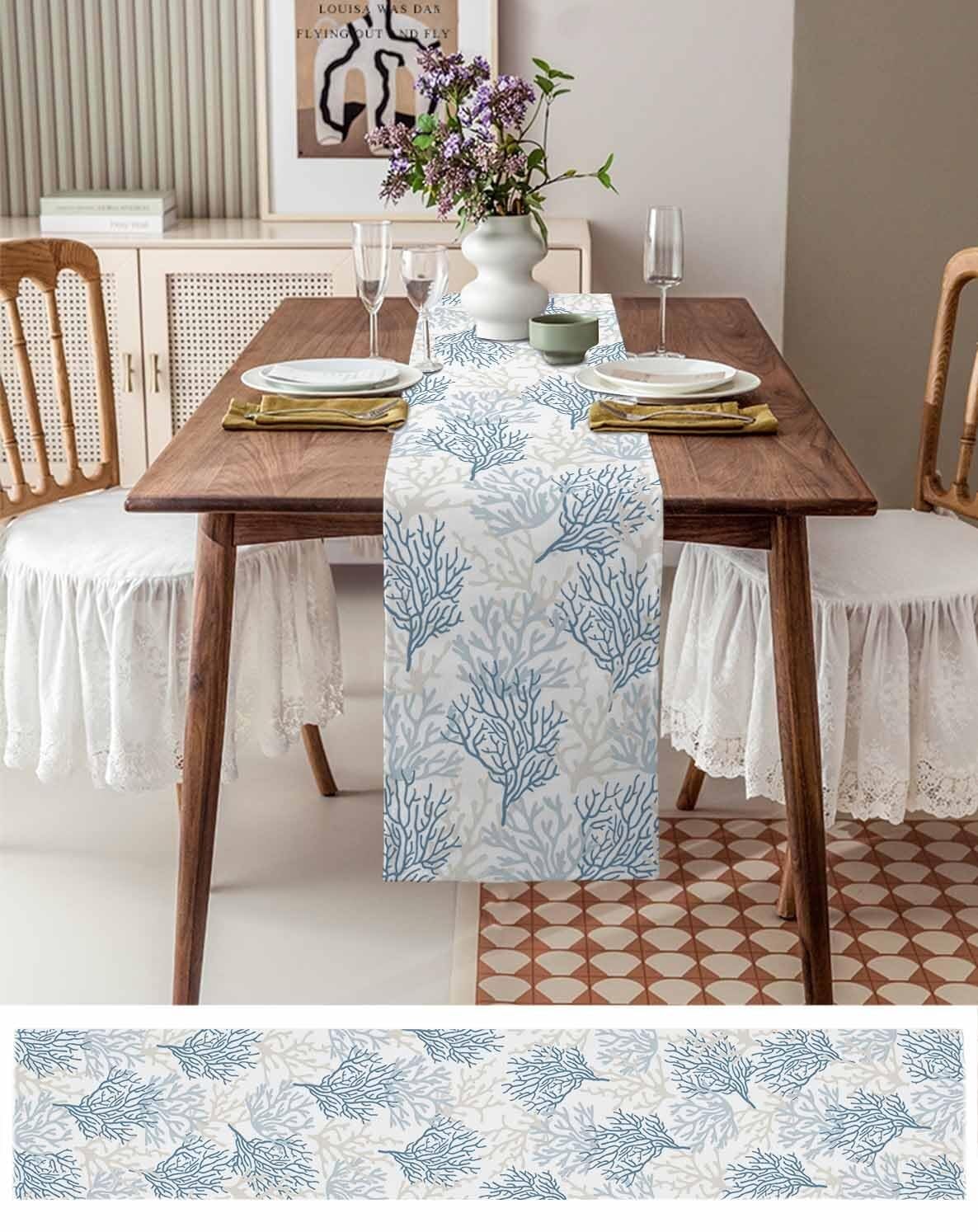 Chemin de Table en Coton et Lin Bleu Corail 13"x60" - Parfait for Une décoration sur Le thème de la Plage en été(Blue Grey Coral,13x60 inch)