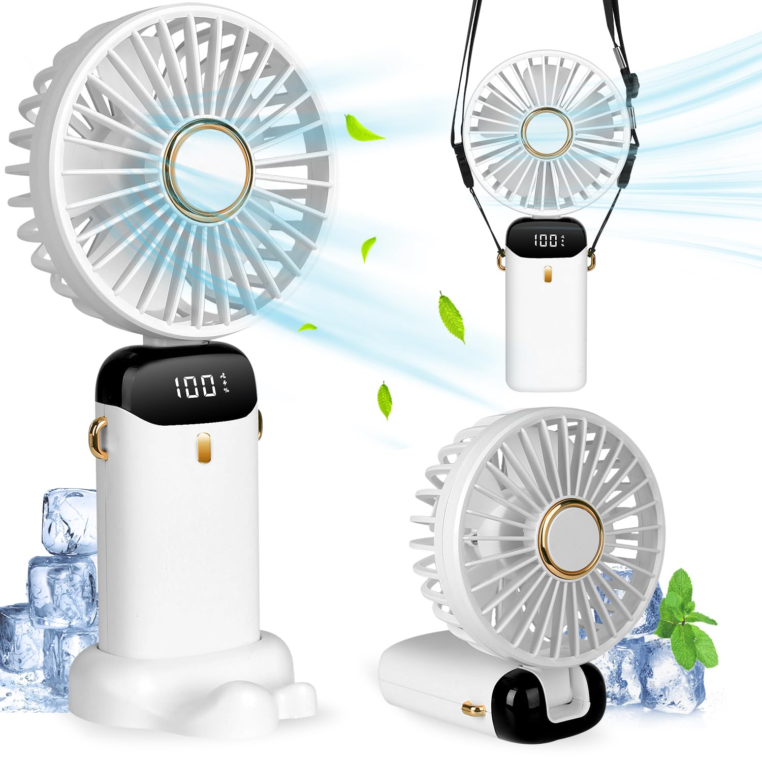 Handheld Fan, Portable Mini Fan USB Rechargeable 4000mAh with 5 Speeds and LED Digital Display, 90° Ajustable Quiet Folding Desk Fan For Home Office Outdoor Travel (White)