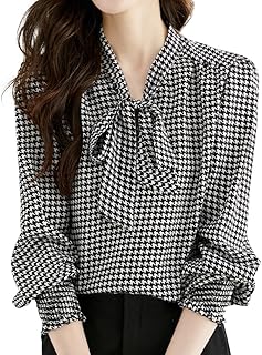 [Bidason] 千鳥柄 ブラウス レディース シャツ 長袖 リボン付き おしゃれ エレガント 可愛い 上品 パフスリーブ 女性らしい ゆる感 着痩せ 着回し力 普段着 トップス 通勤 デート 秋 冬