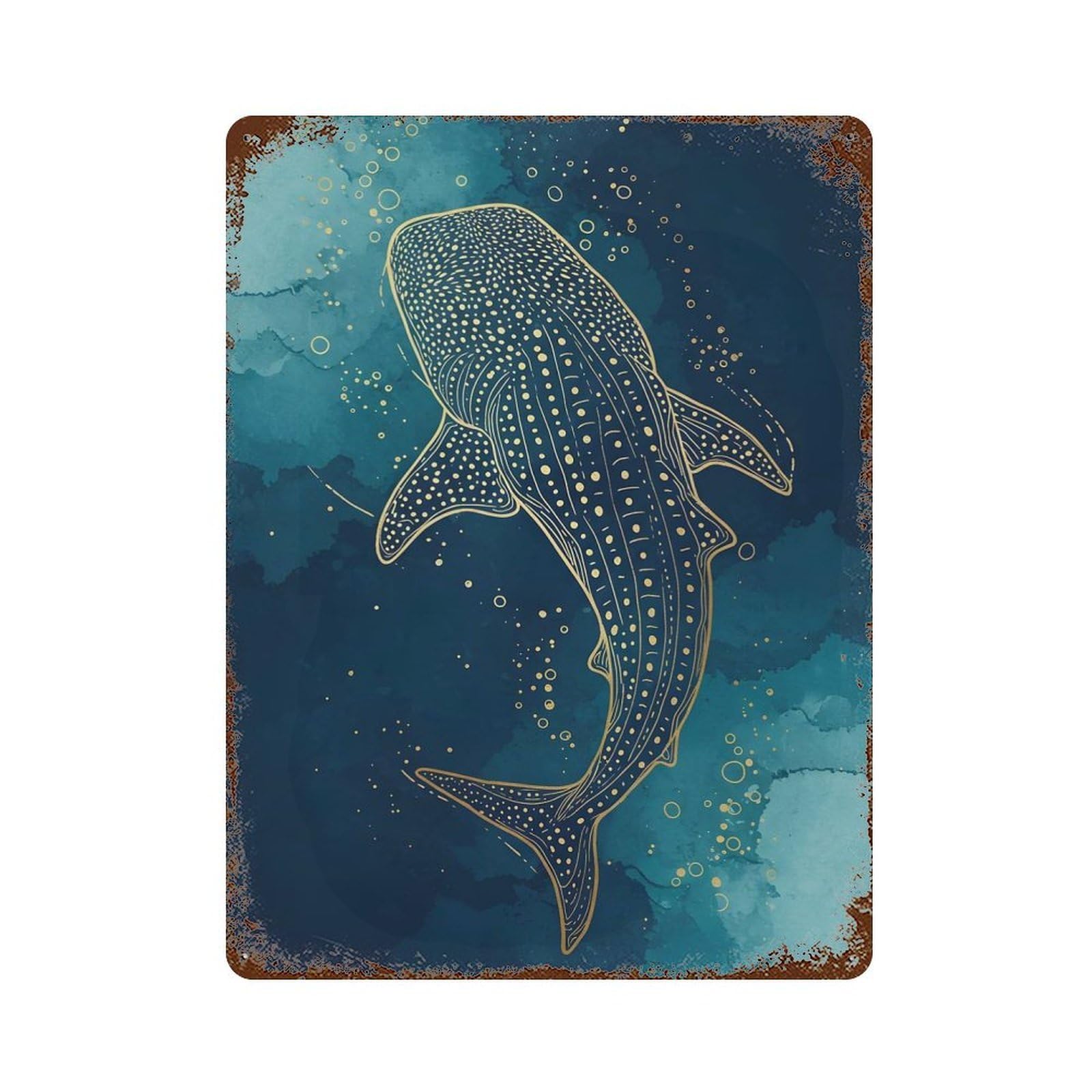 Whale Shark Gold Line Art Decorative Tin Sign 15.7"x11.8", Retro Wall Decor for Living Room, Hallway And Home Decor