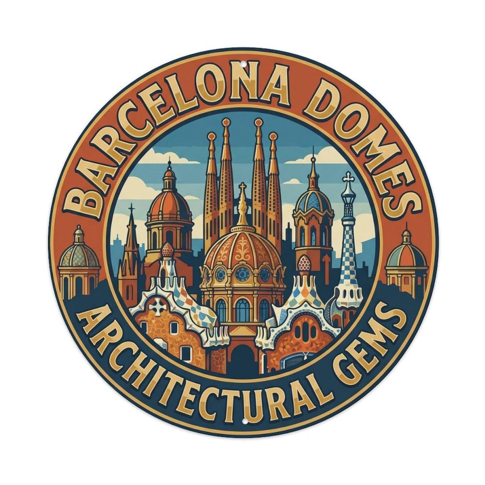 Barcelona Spanish Architecture Historic Tourism Dome Metal Tin Sign Plaque Wall Decor for Cafe, Man Cave, Club Bar, Office, Home Garden Round Metal Poster 8x8Inch