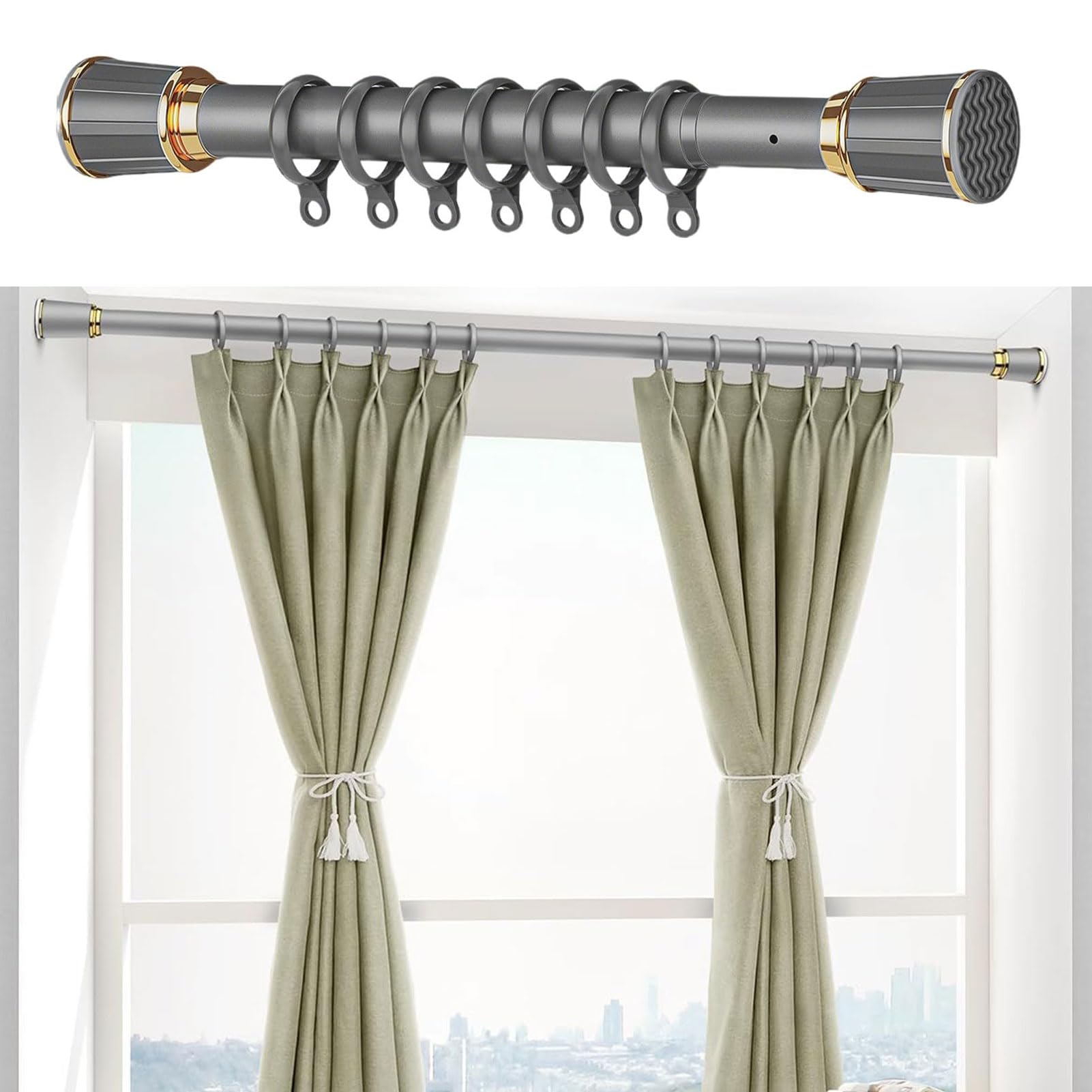 Tringle À Rideau De Douche Extensible, Tringle À Rideau Télescopique 40–500cm, sans Perçage, pour Baignoire, Barre De Placard, Douche, Rideau 110-190 cm / 43.3-74.8 in Gris