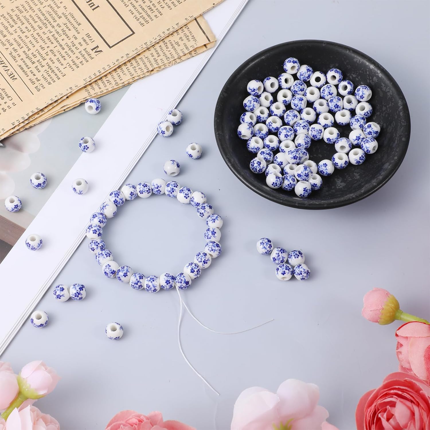 100Pcs Round Ceramic Beads, 8mm Blue Flower Beads, Handmade Porcelain Flower Round Bead Spacer Bead Craft Beading Kit for Jewelry Making and DIY Crafts - Image 5