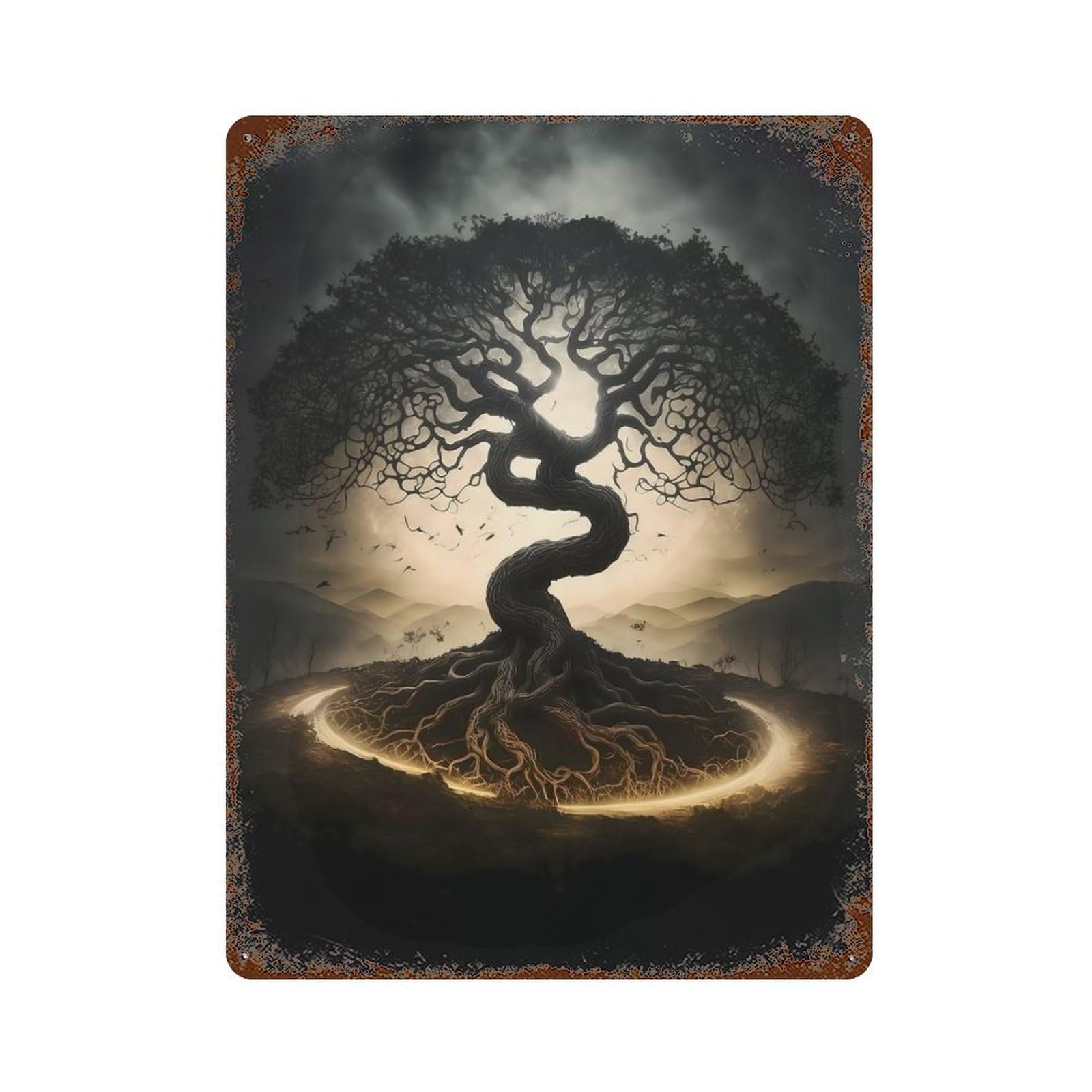 Garage Style Cosmic Tree of Life Distressed Metal Wall Sign 15.7"x11.8", Rustic Home Decor for Bar And Workshop