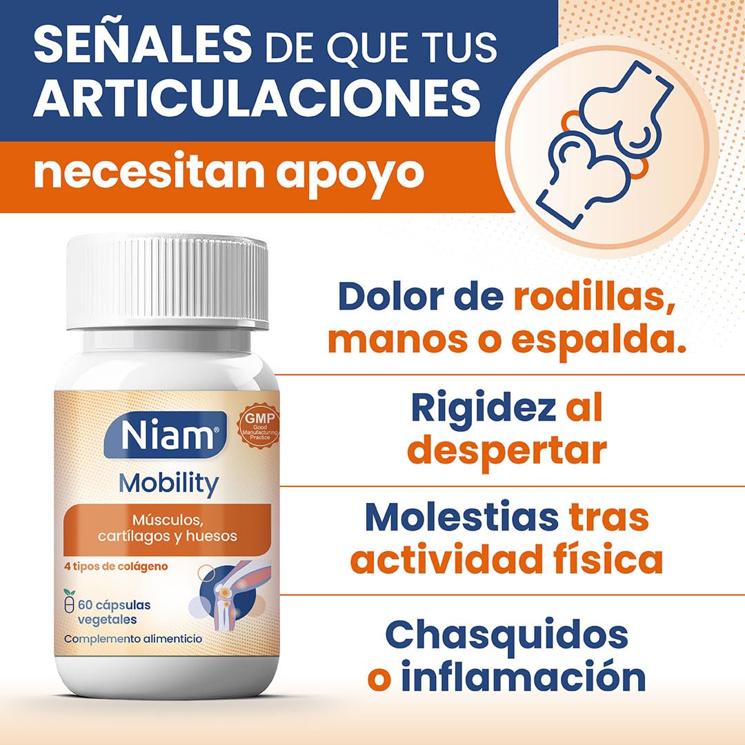 [Pack 2] Niam Mobility | Multi Colágeno para Articulaciones | 120 cápsulas | Colágeno tipo II, I, V y X con Ácido Hialurónico | Huesos, músculos, cartílago | Vitamina C, zinc y extracto de bambú