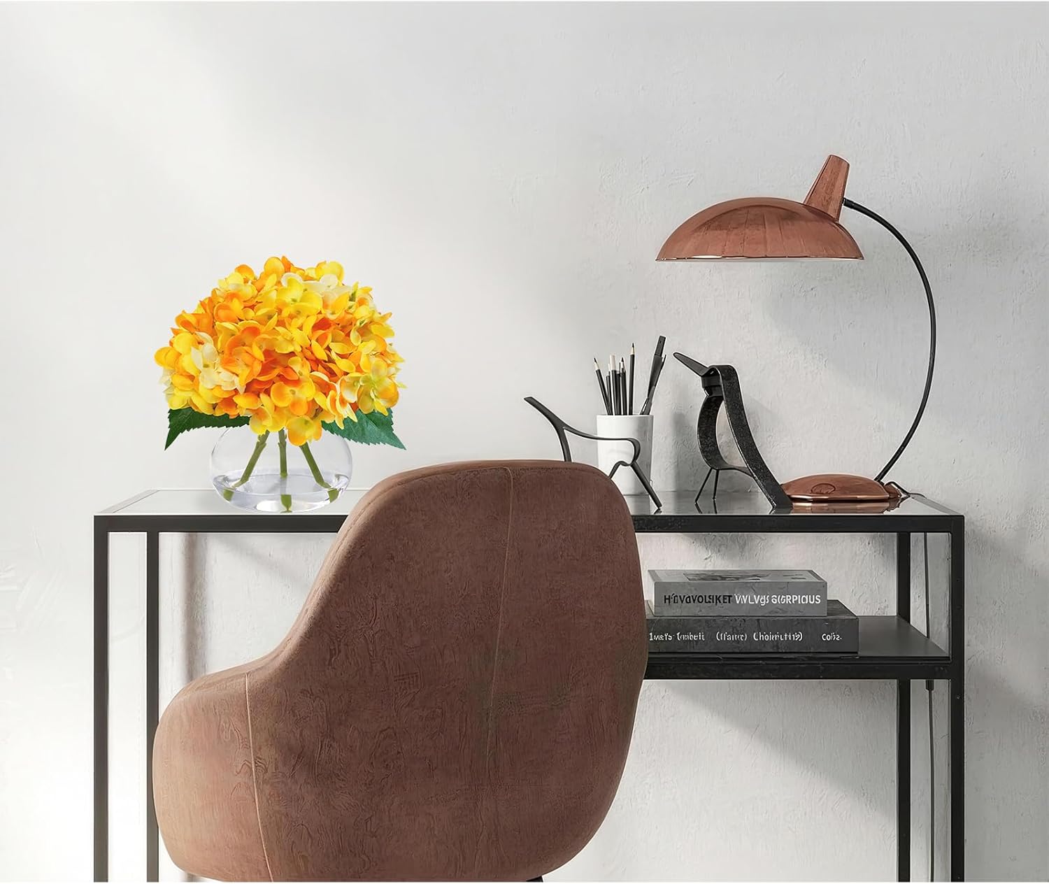 Hydrangea Artificial Flowers in Glass Vase, Orange Silk Fake Flowers Silk Centerpiece Table Decorations for Dining Room， Coffee Table Decor，Wedding, Home with Faux Water Decor（Orange）