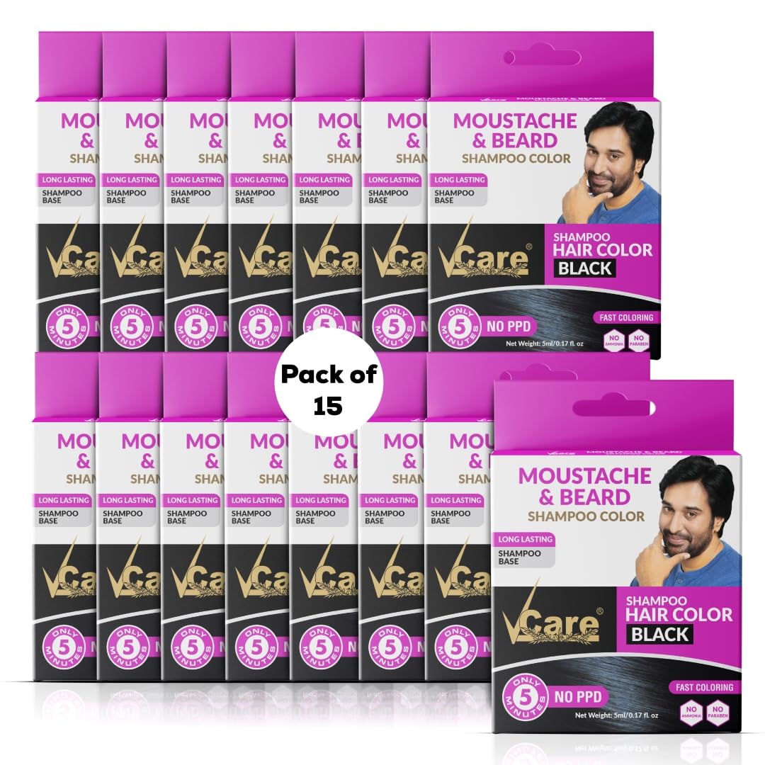 VCare Moustache and Beard color shampoo for Men Black, Natural Hair Color Dye Conditioner | No Ammonia No Paraben No PPD - 5 ml (Pack Of 15)