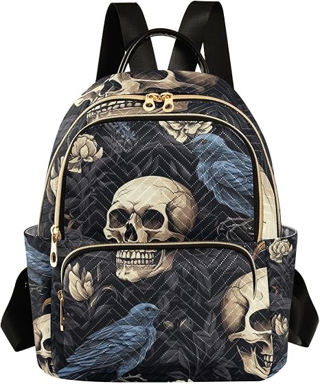 Bolaz Mini Backpack Purse for Women, Skull Crow Travel Bag Casual Daypack Shoulder Bag