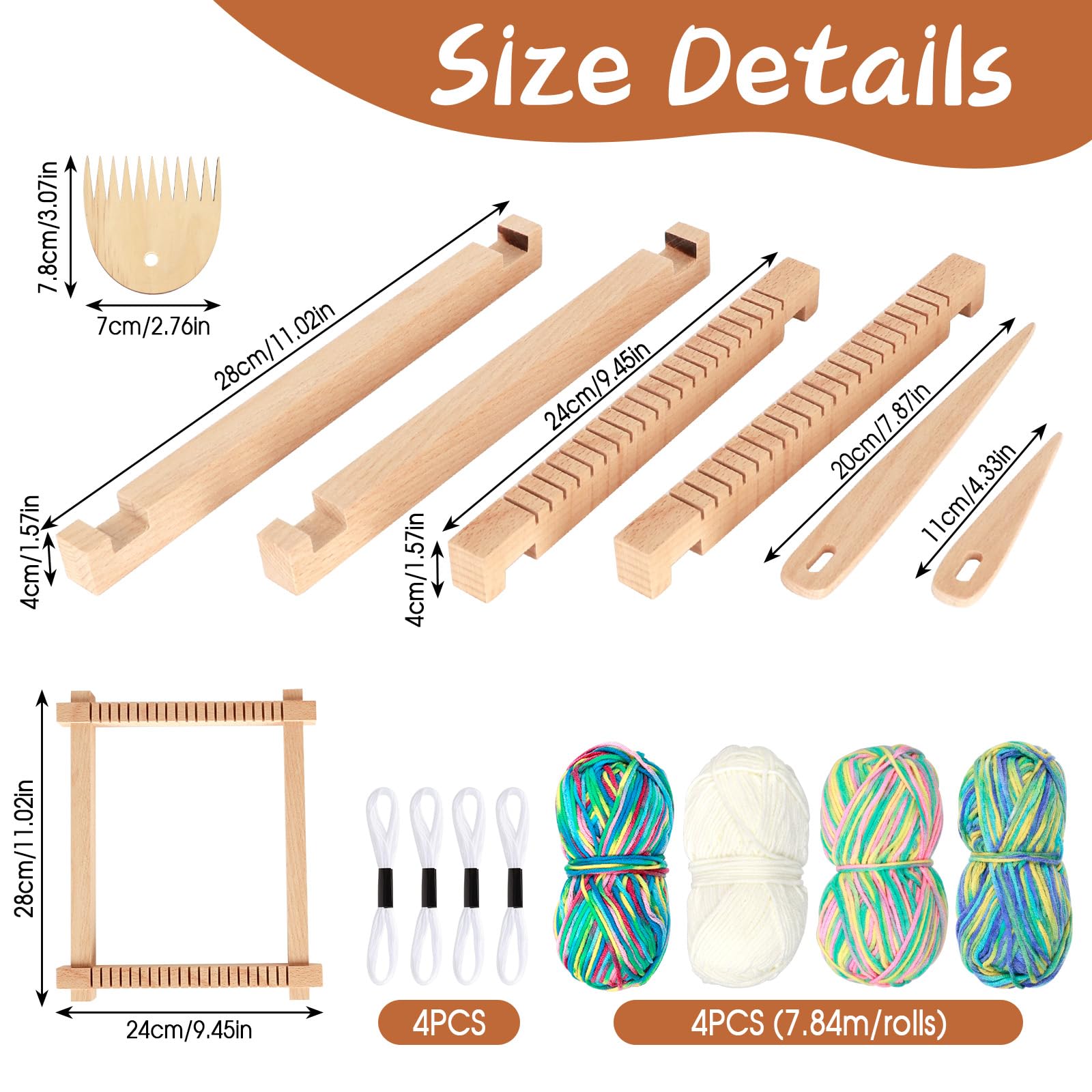 Telar de Madera niños, 28*24cm Telar de Madera para Tejer Con Lanzaderas/Peine/4 Carretes de Hilo de Lana, Kit de Marco de Madera para Tejer para Hacer Alfombras, Posavasos, Adornos de Pared, Bufandas