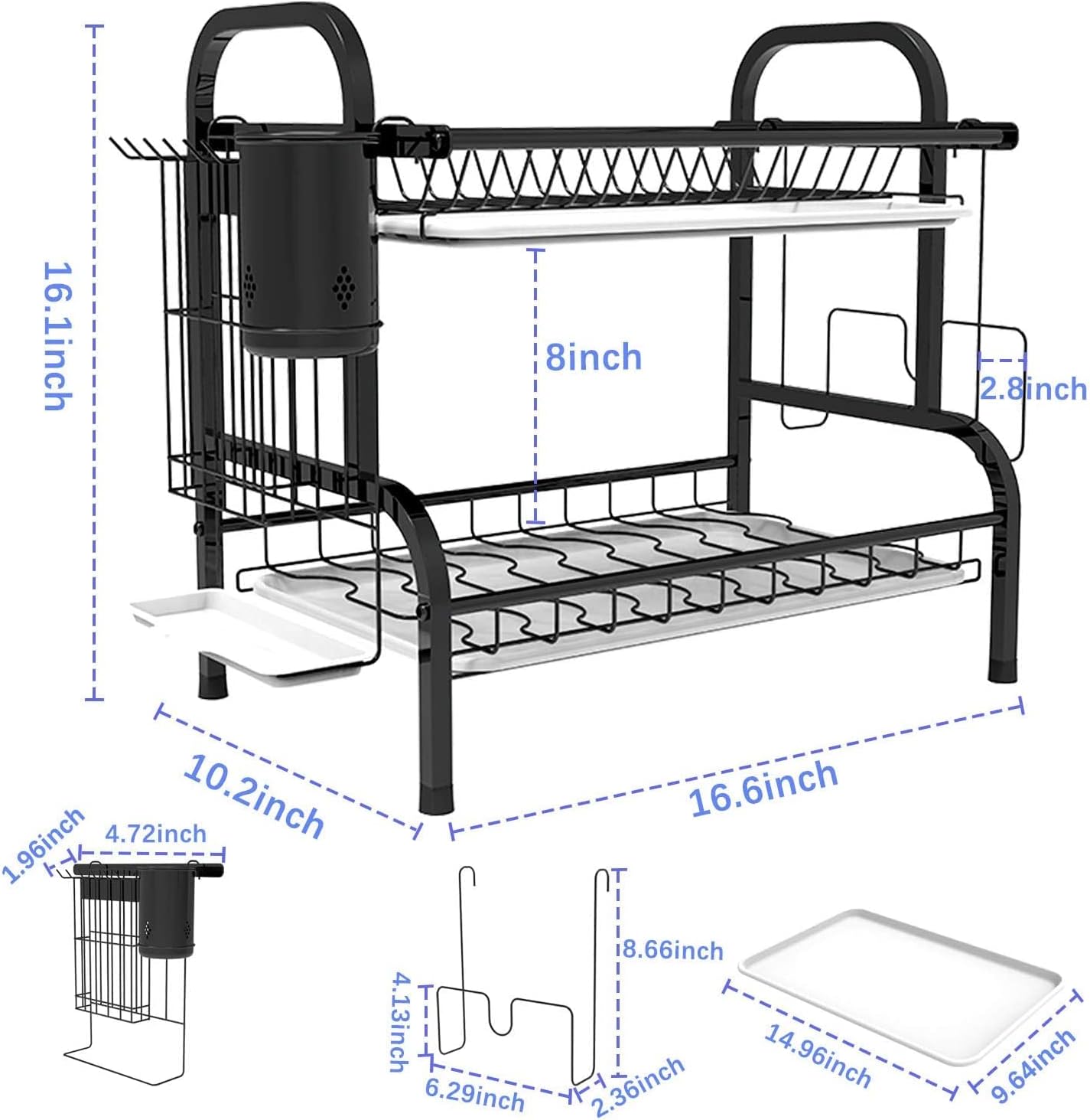 2 Tier Dish Rack, Stainless Steel Dish Drainer with Drainboard, Plate Cup Holder, Saving Space