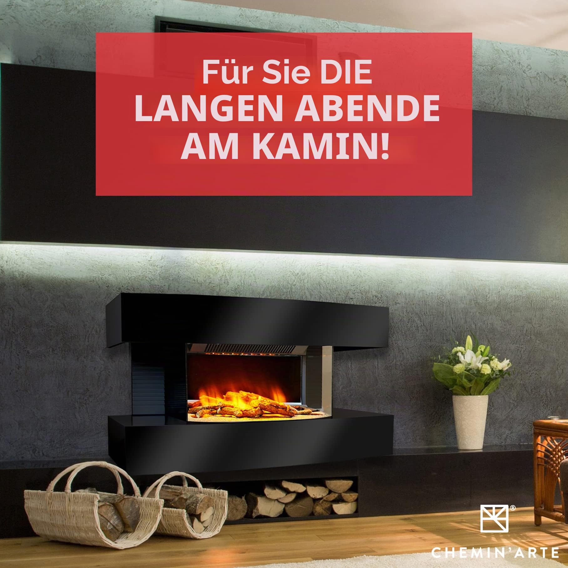 CHEMIN'ARTE Elektrokamin - Wandkamin Elektrisch 120x46zm - Lounge mit heizung 2000W - Weiß - Kamin deko - mit Fernbedienung - LED-Flammeneffekt