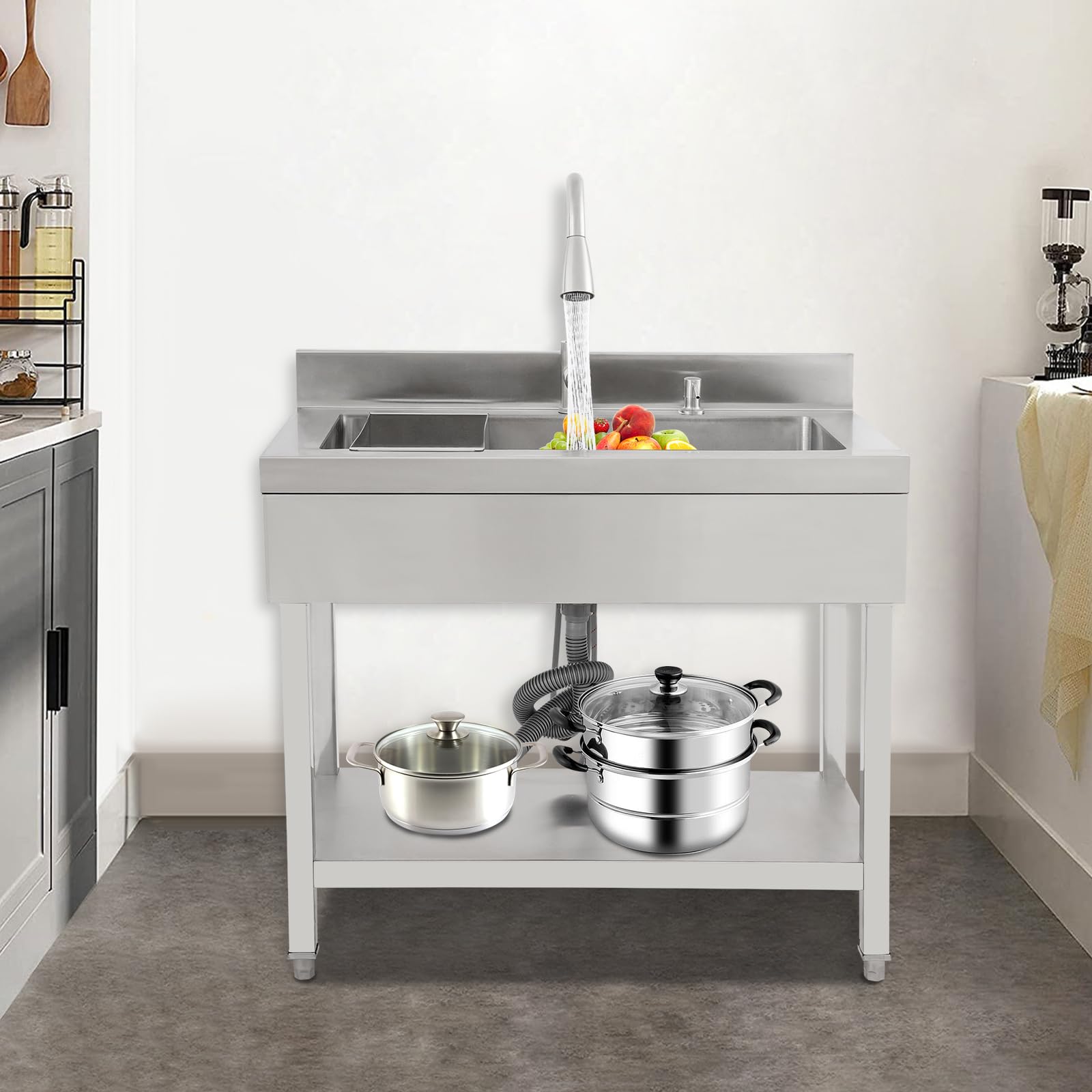 Lavello autoportante in acciaio inox con rubinetto estraibile, per casa, garage, giardino, molto resistente, con scolapiatti e angolo rotondo, facile da montare (argento 90 x 60 x 80 cm)