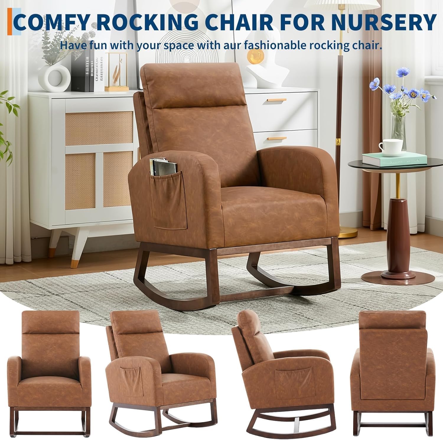 Modern Nursery Chair,Rocking Chair with High Backrest Armchair,PU Glider Accent Reading Chairs Padded Seat for Living Room,Bedroom,Brown