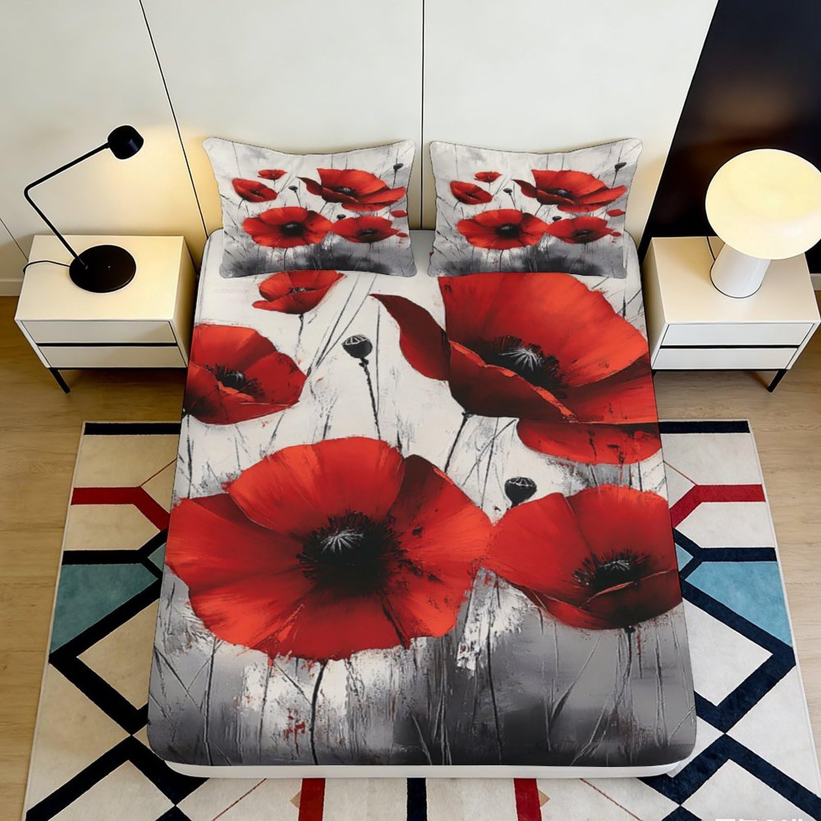 Jqzkxnhpbr Style-3 3D Printed Red Poppy Flower Fitted Sheet Microfiber Soft Artistic Black White Bed Cover For Bedroom Guestroom Decor 90X200x25cm
