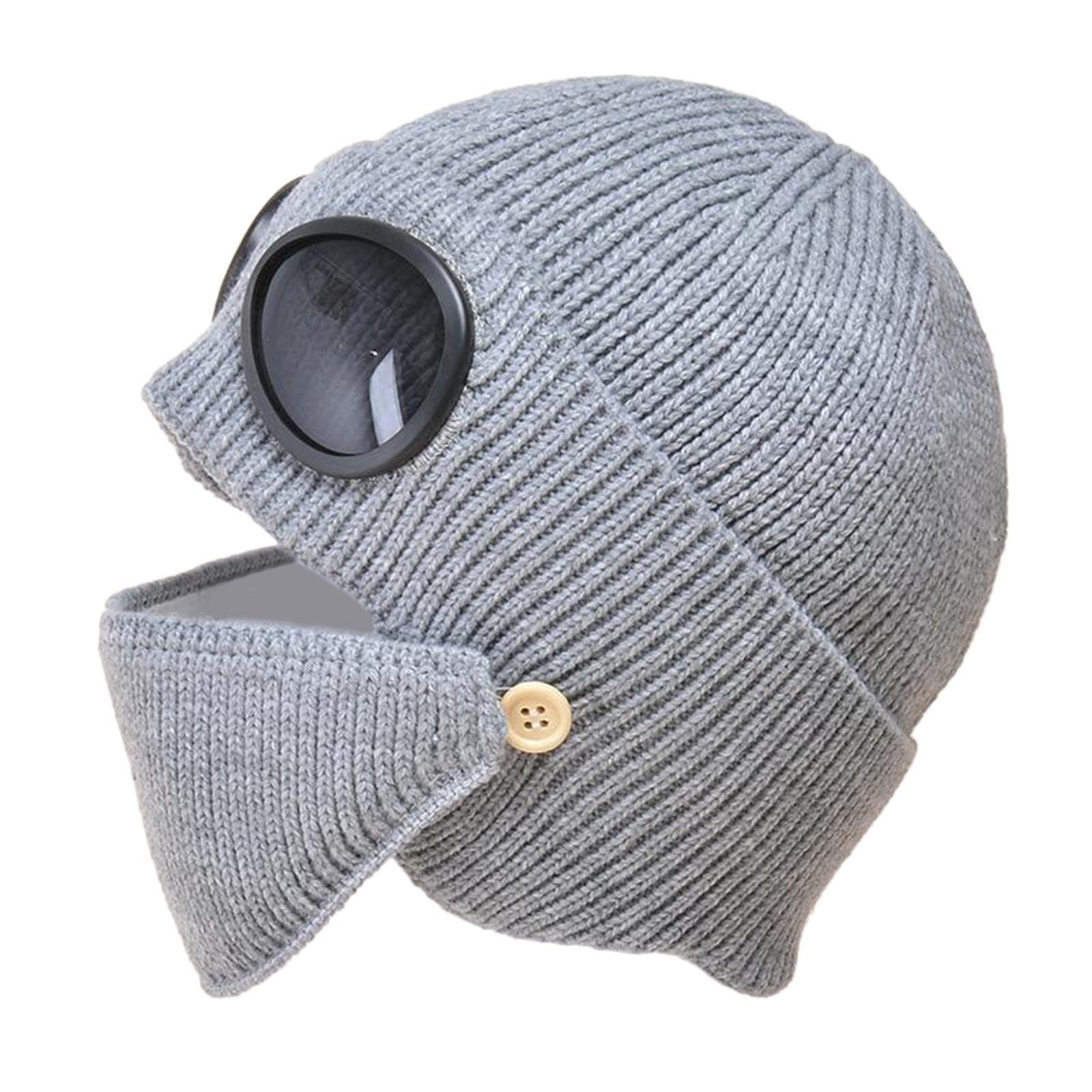 Unisex Wool Knitted Goggles Beanie with Face Mask Set Winter Warm Hat Gray-image-20