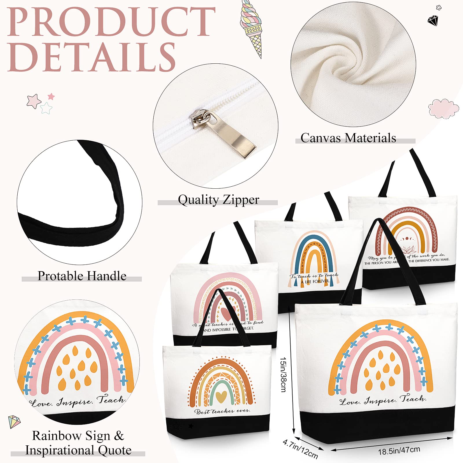 Paterr 20 Pcs Teacher Appreciation Gifts Bulk Teacher Tote Bags with Makeup Bag for Women Mom Graduation Team Coworker Nurse(Classic Styles)