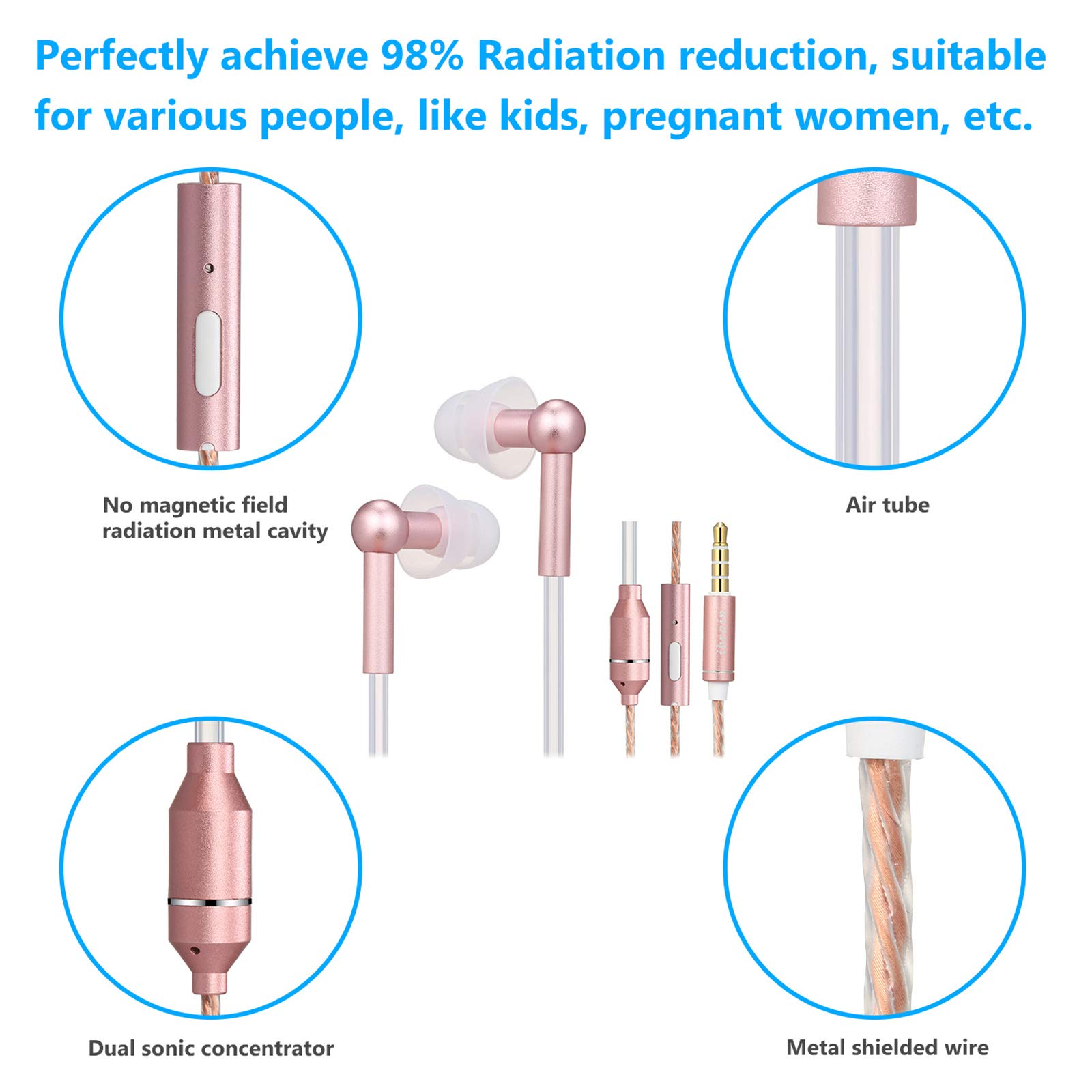 FC31 Écouteurs intra-auriculaires à tube d'air anti-rayonnement 3,5 mm Casque de musique filaire sans rayonnement Contrôle du volume de réduction du bruit avec microphone