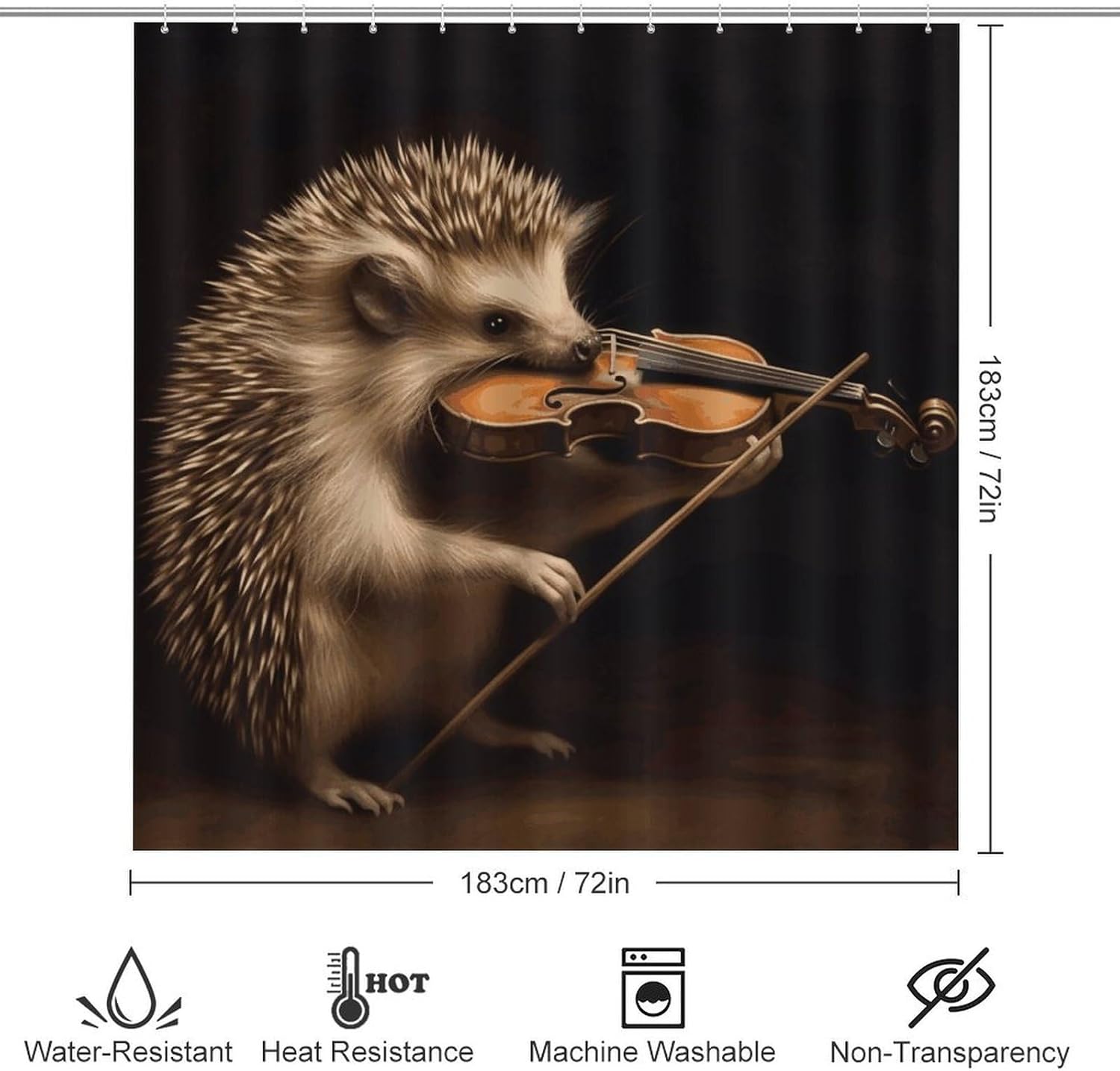 Animal Hedgehog Music Violin Shower Curtains Set 4 Piece with Non-Slip Rugs, Toilet Lid Cover and Bath Mat Soft Bathroom Carpet Waterproof Bathroom Curtain with 12 Hooks for Bathroom Decor