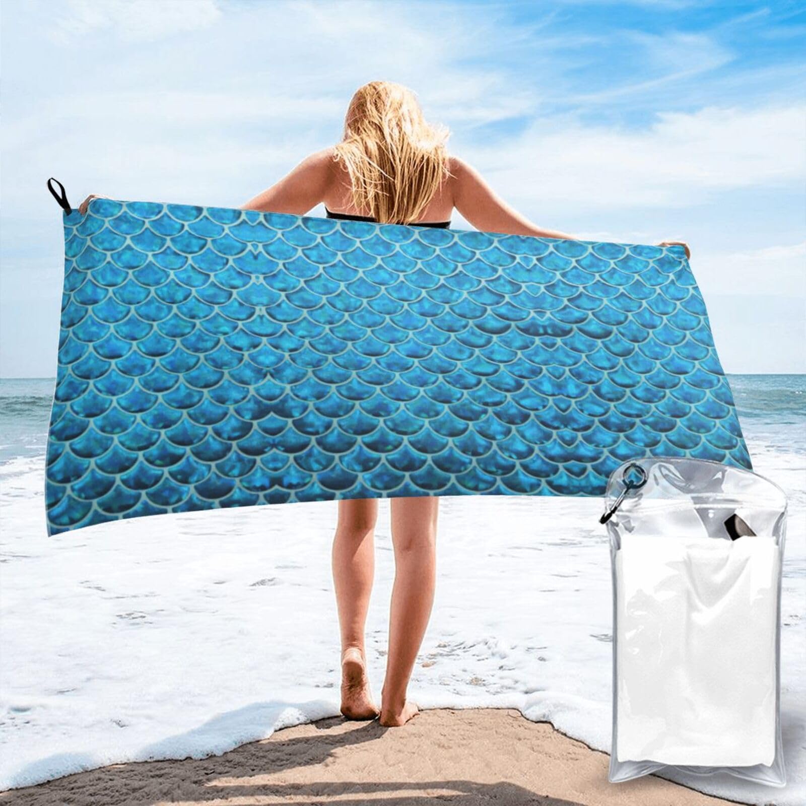 SDEGTHO Blue Fish Scale. Print Beach Towel Quick Dry Portable For Swimming Yoga Adults Fitness