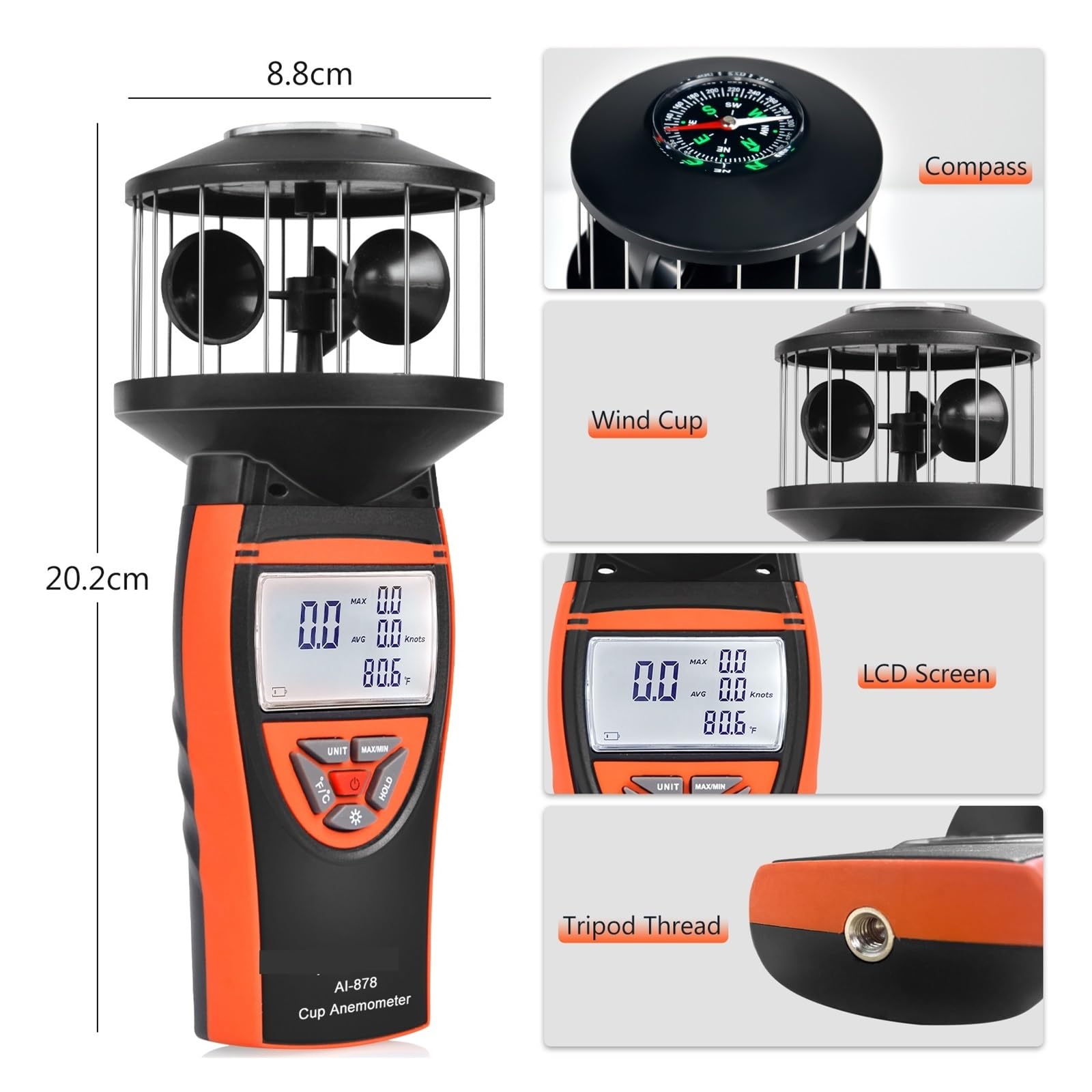Anemometro, Anemómetro de copa de viento, medidor de velocidad del viento de alta precisión que mide la velocidad y la temperatura del viento.