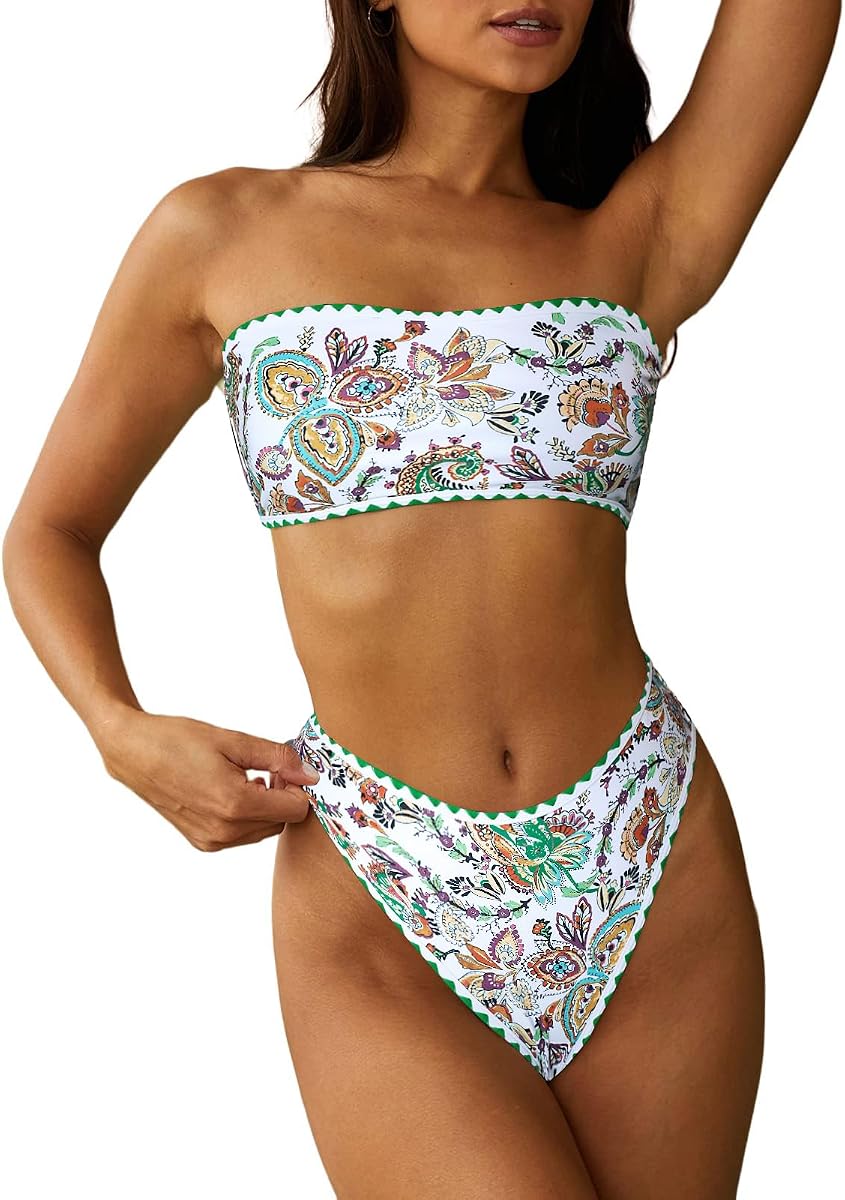 ZAFUL Women Strapless Bandeau Bikini 2 Piece Swimwear Lace up Bathing Suits