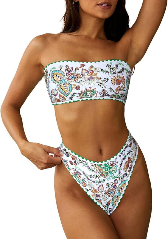 ZAFUL Women Strapless Bandeau Bikini 2 Piece Swimwear Lace up Bathing Suits