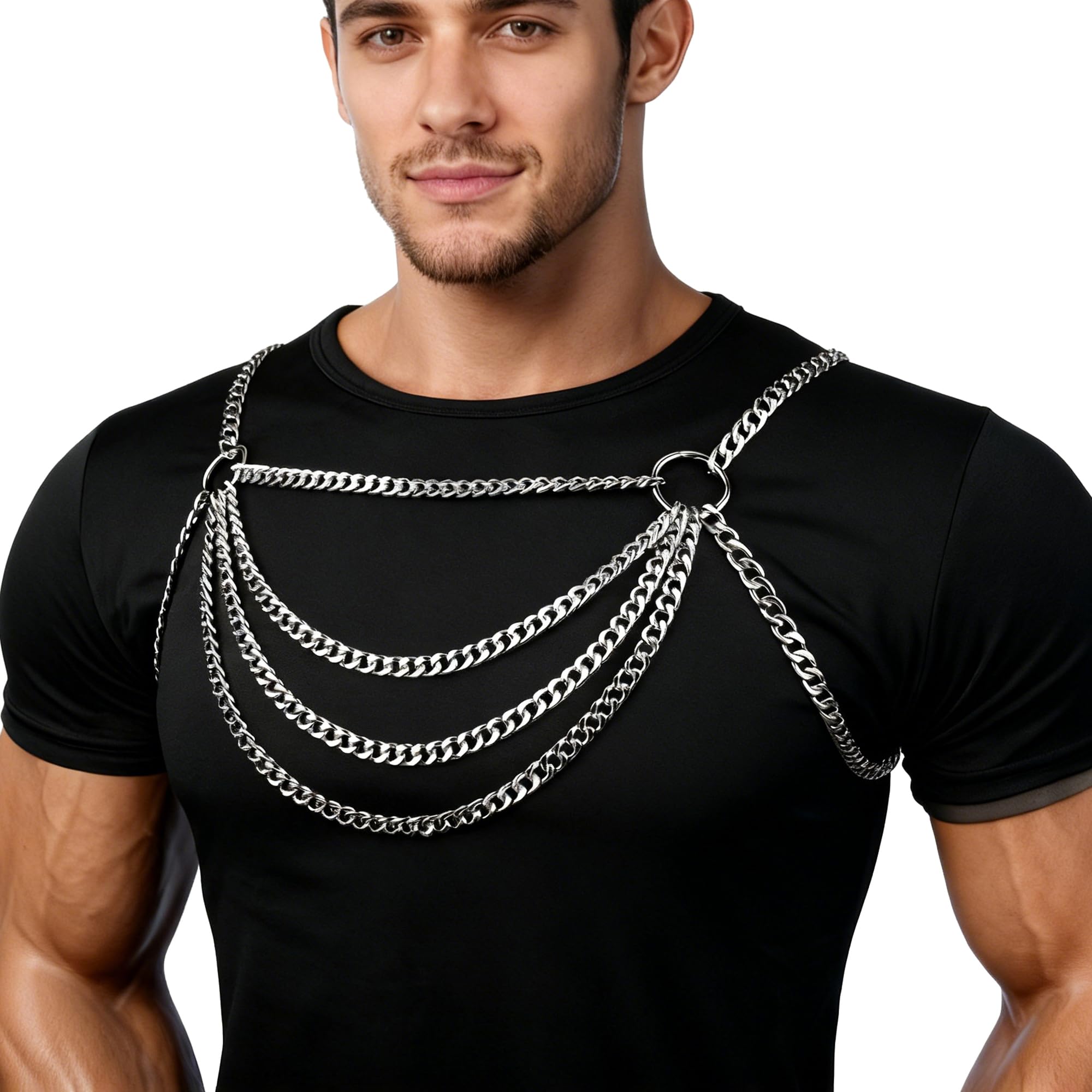 BPZXL Men's Chest Belt Chain Costume Fashion Male Punk Shirt Festival Outfit Shoulder Belt Mens Rave Outfit for Music Festival Rave Party Cosplay Halloween ZX160 (Silver)