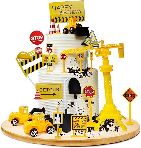 Ayearparty Juego de 30 piezas de decoración de pasteles de construcción, mini vehículos, excavadora, grúa, juguetes de tráfico y señalización de