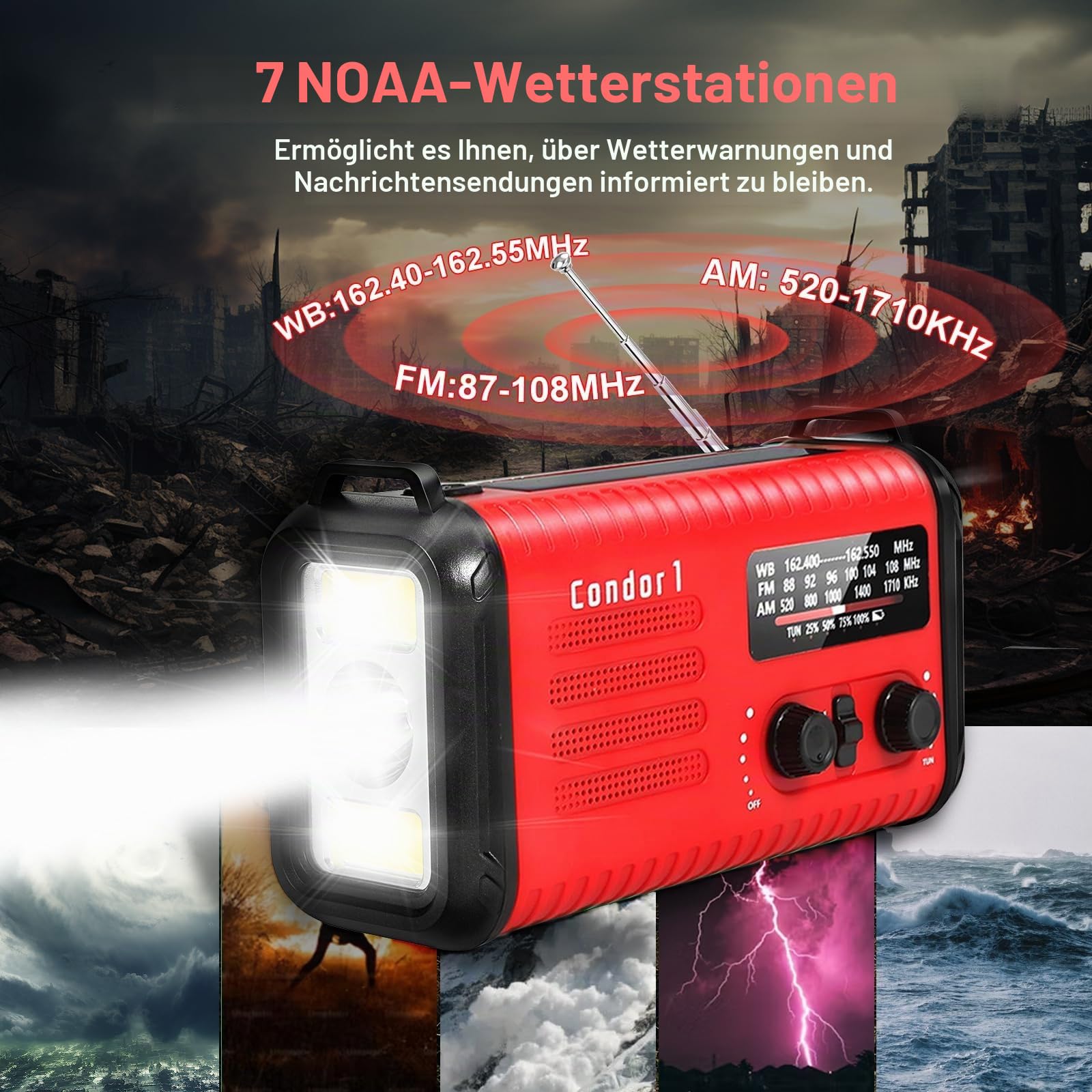 20000mAh Notfallradio, Solar-Handkurbel AM/FM Wetterradio, Handy-Ladegerät | 74000mWh Selbstladend per Kurbel & Solar: LED-Leuchte, Leselampe, Notblinker, USB-Buchse, Kopfhörer, SOS. Für Outdoor.