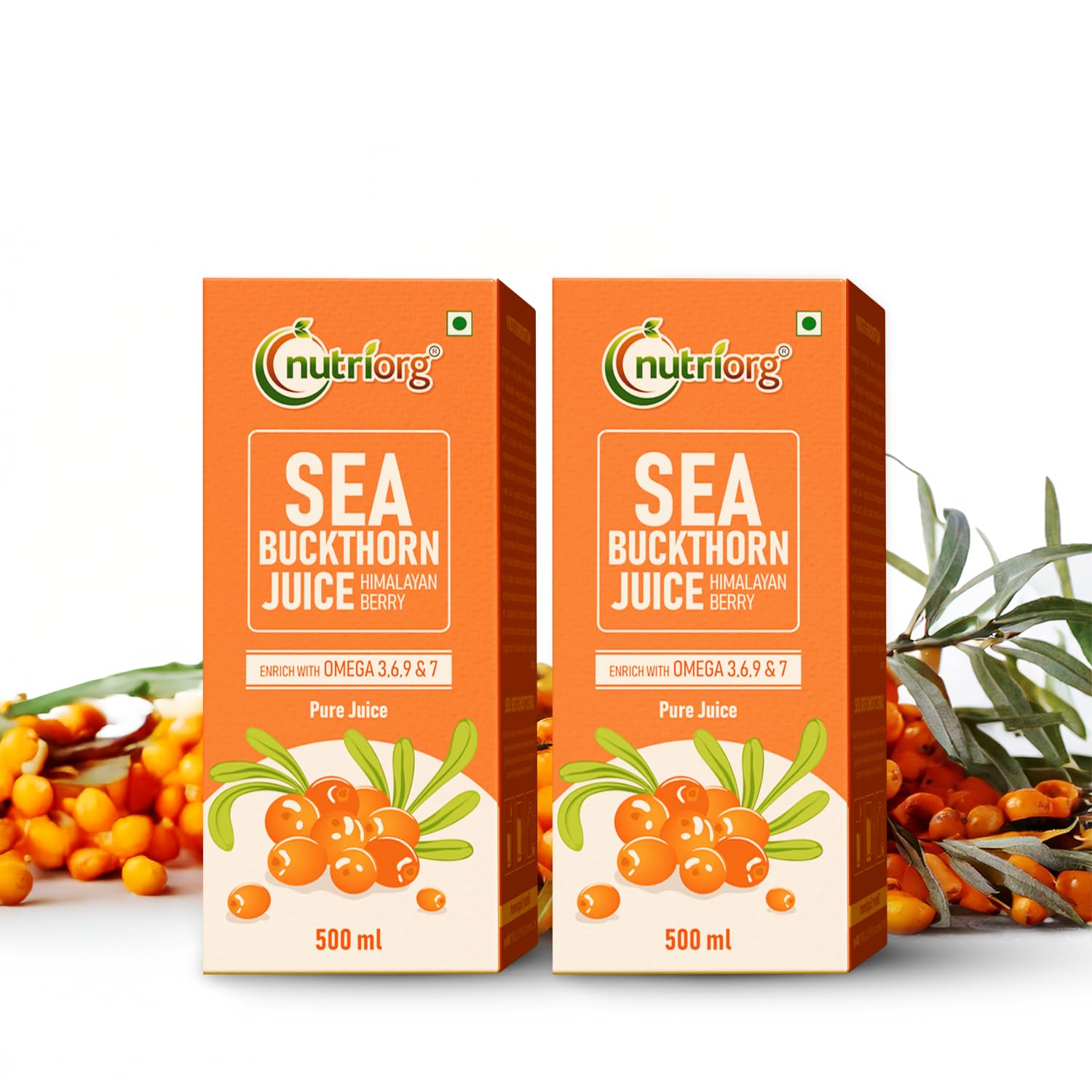 Pure Sea Buckthorn Juice 1000 ML(500 ml x 2) | 100% Himalayan Berry Pulp | Omega 3,6,7,9 & Vitamin C | Immunity Booster & Antioxidant Rich | No Added Sugar & Colour