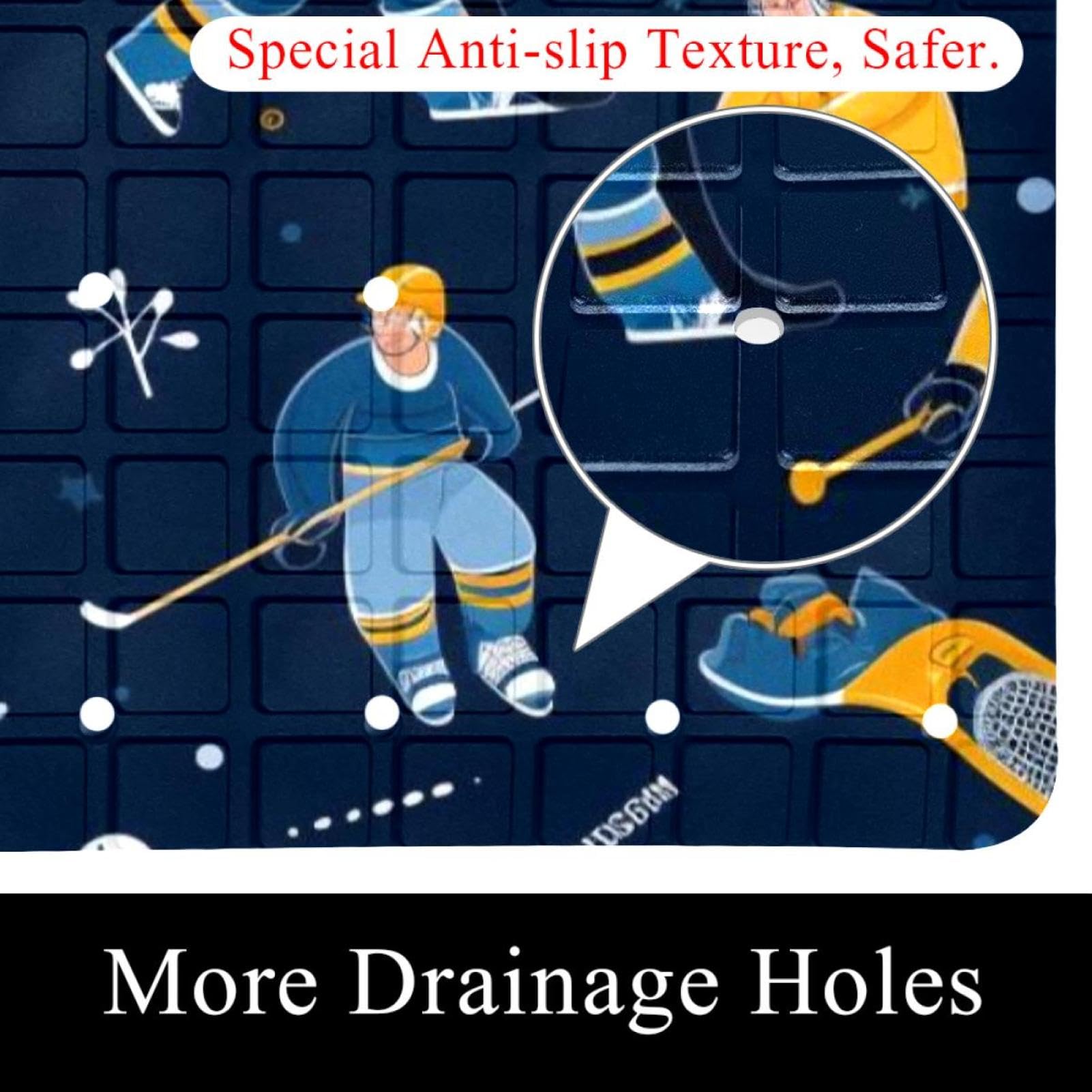 Tapis de bain antidérapant, tapis de bain pour baignoire, tapis de douche avec trous de drainage, ventouses, 38,5 x 68 cm, motif mignon de hockey sur glace