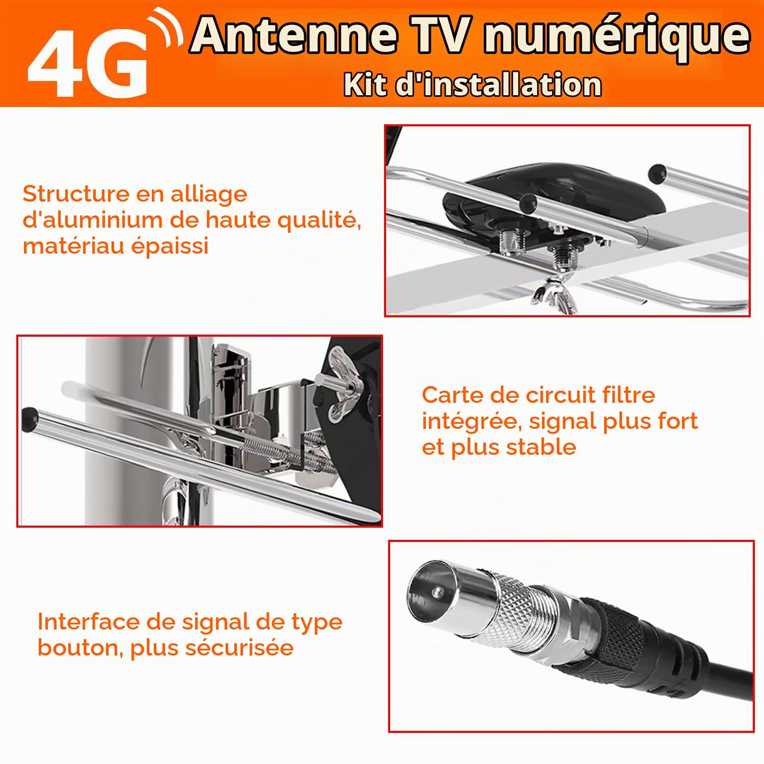Kit d'installation d'antenne TV numérique 4G pour l'extérieur - Antenne de toit pour antenne TV extérieure numérique Smart Freeview HD + connecteur coaxial mâle femelle 10 m RG6 câble de fixation vis