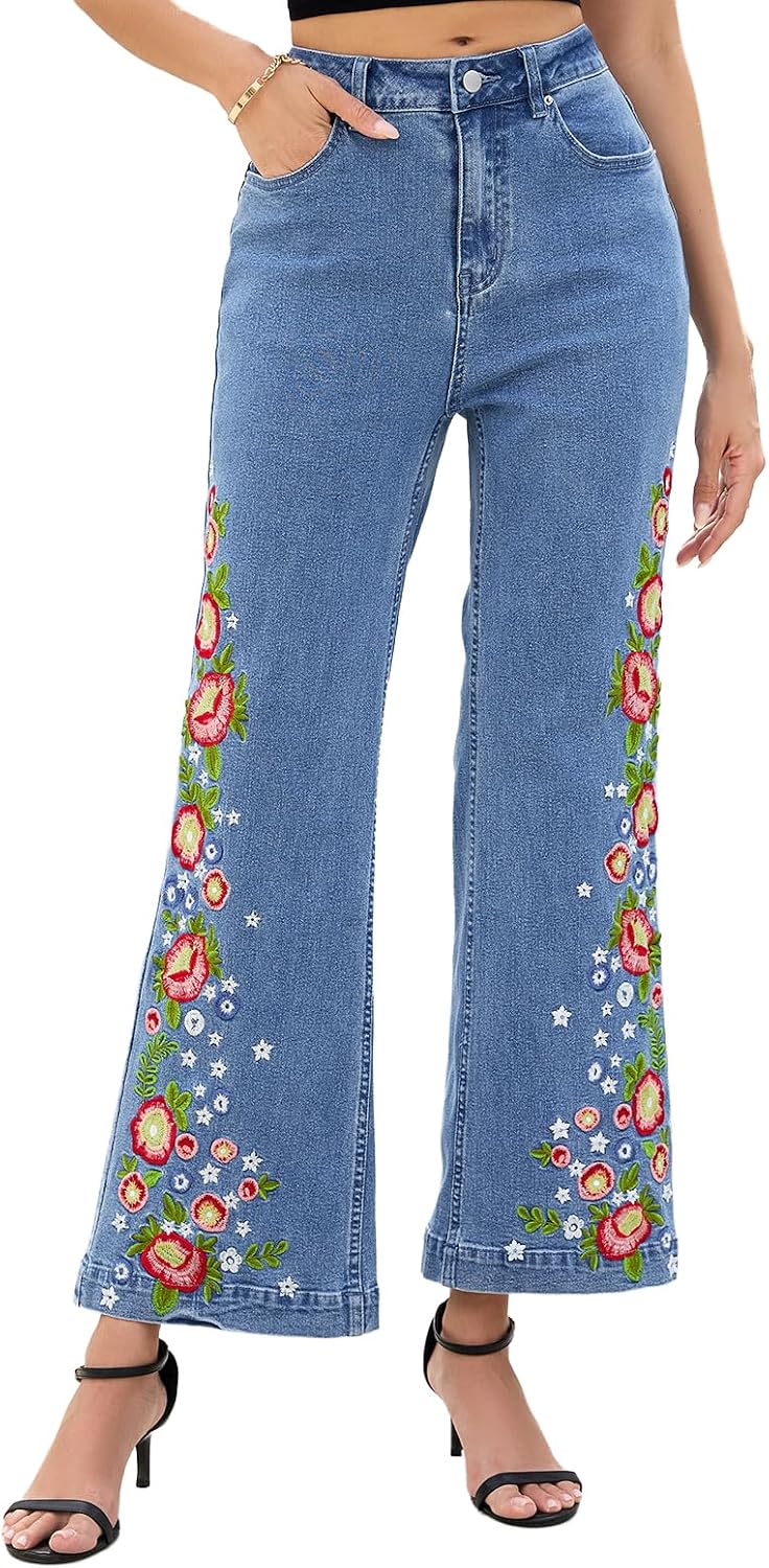 Kedera Womens Embroidered Flare Jeans Mid Rise Stretchy Wide Leg Denim Pants Floral Embroidery Casual Boho Jeans