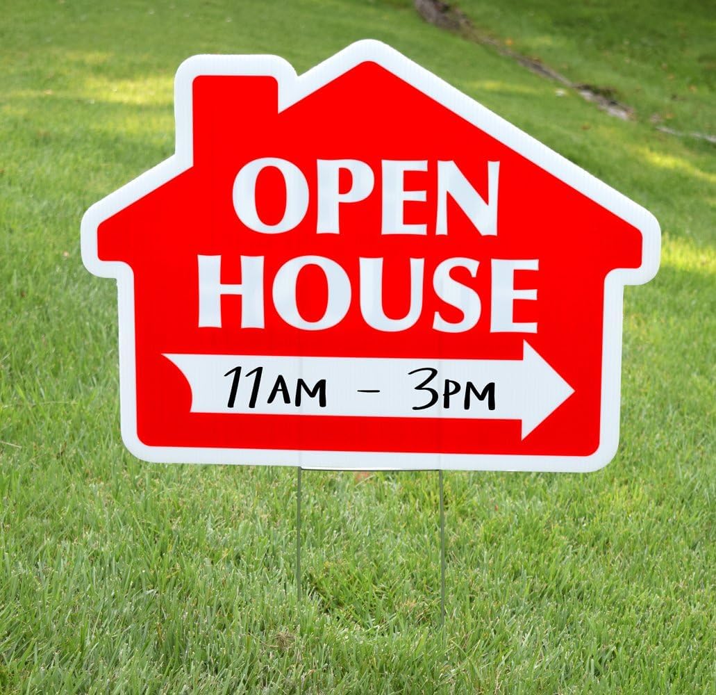 Open House Sign Kit, Die Cut House Shape with Stands, Durable Corrugated Coroplast, UV Ink, Unconditional Guarantee, Real Estate Agent Supplies, 5-18x24 Signs + 5 Stands (Red - Open House)