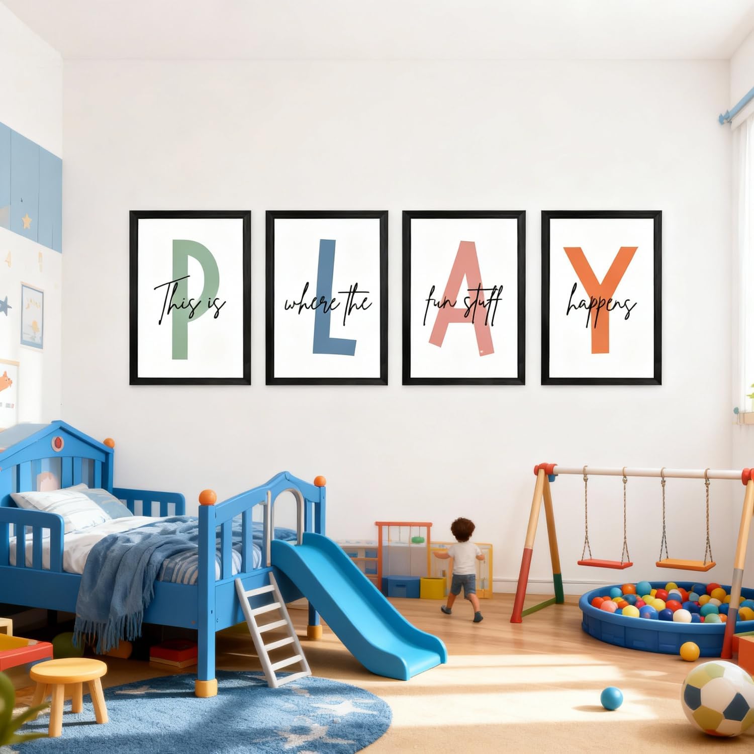 Cute Alphabet Play Framed Wall Art Set of 3, Natural Educational Alphabet Wooden Sign for Baby Girl Kid Boy Toddlers, Black Boho Preschool English Letters Nursery Decor for Homeschool Playroom