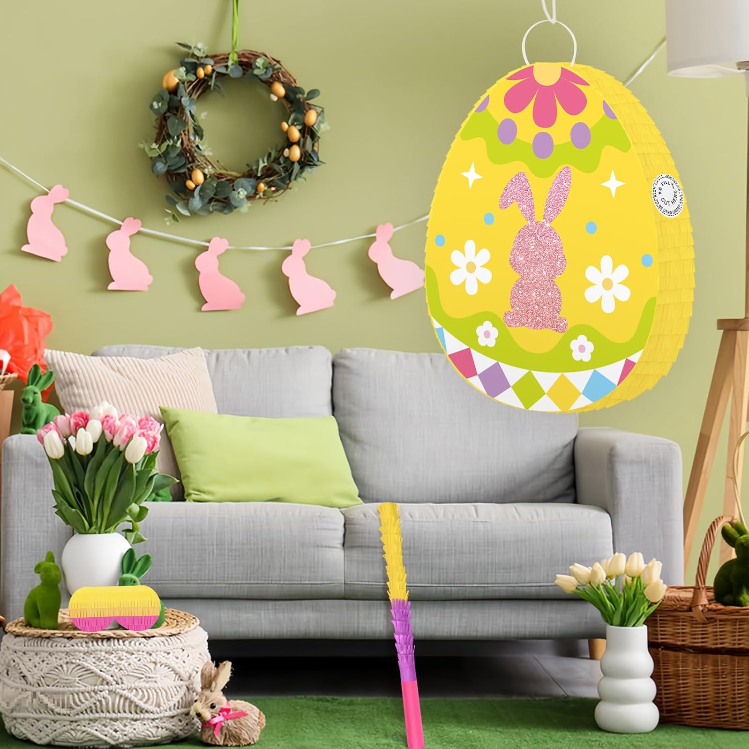 Sratte Easter Pinata Decorations Easter Egg Bunny Pinata with Stick Blindfold for Fiesta Spring Easter Birthday Anniversary Celebration Baby Shower Party Decorations