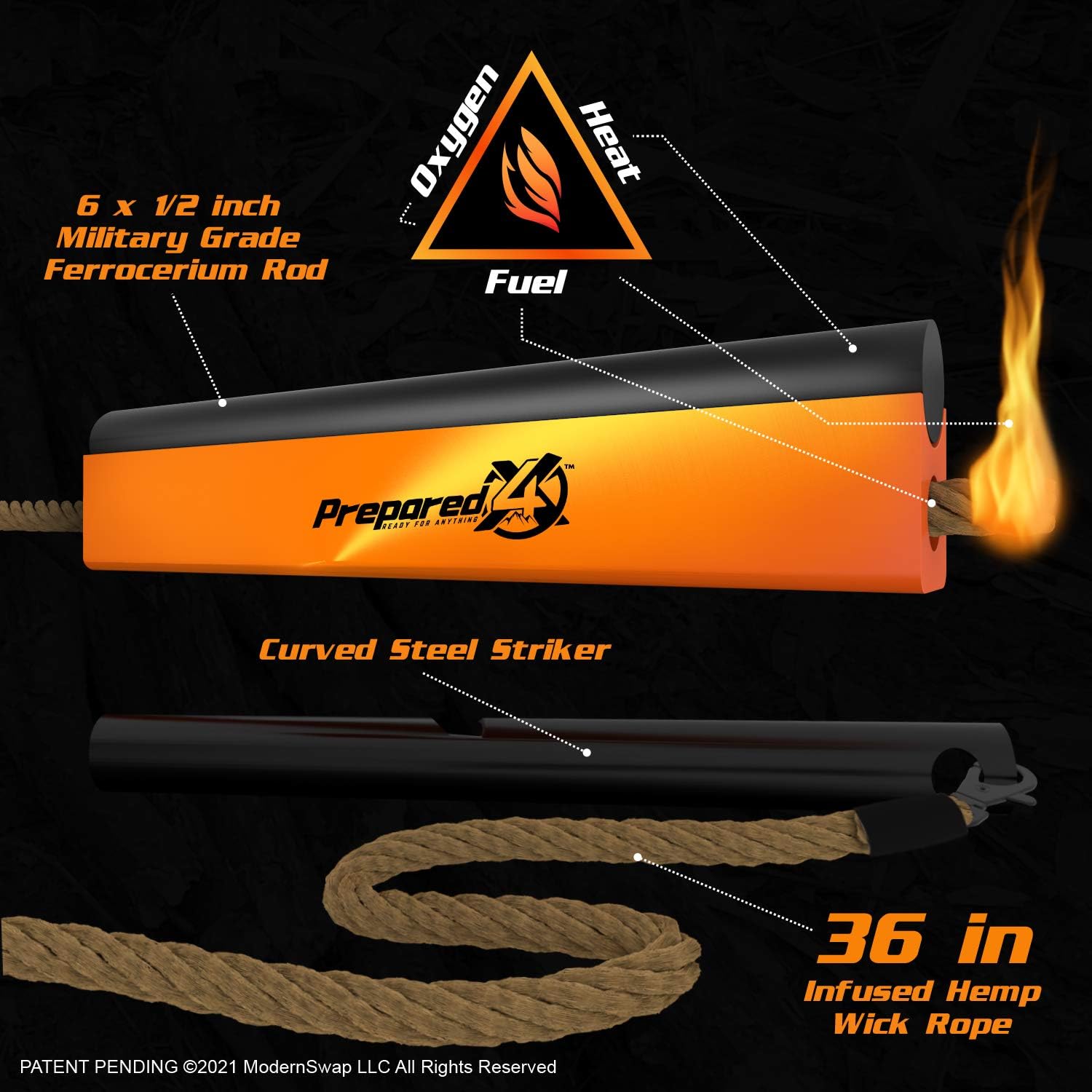 PREPARED4X Fire Starter Survival Tool – 6x1/2 Ultimate All-in-One Ferro Rod, Flint and Steel, Waterproof 36" Tinder Wick Rope – Patented Fire Starter Kit, Fire Steel : Sports & Outdoors