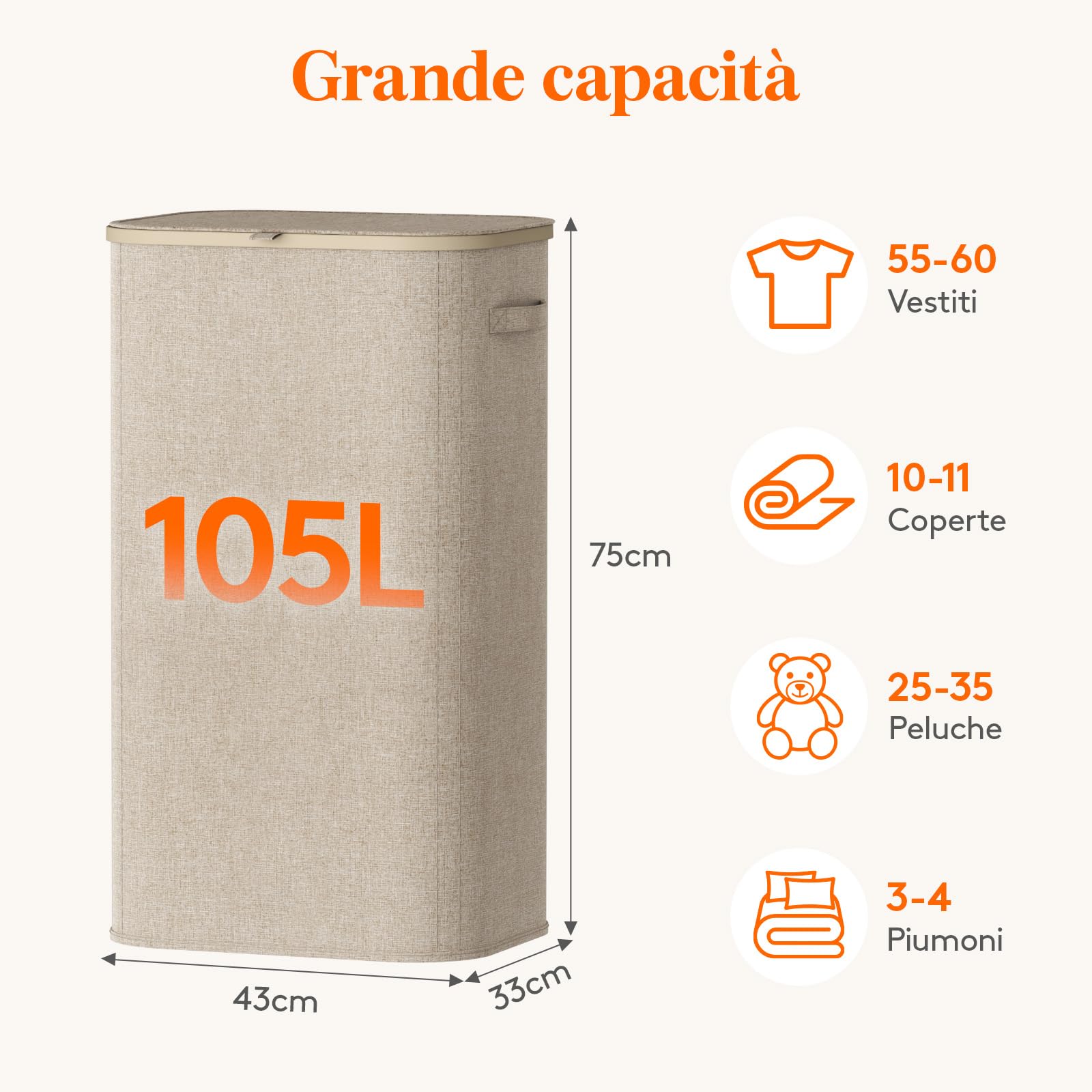 Lifewit Cesto Portabiancheria 105 L, Cesta Panni Sporchi con coperchio, Laundry Basket con Plastica Manici, Porta Biancheria Sporca per Bagno, Lavanderia, Camera da Letto, Beige