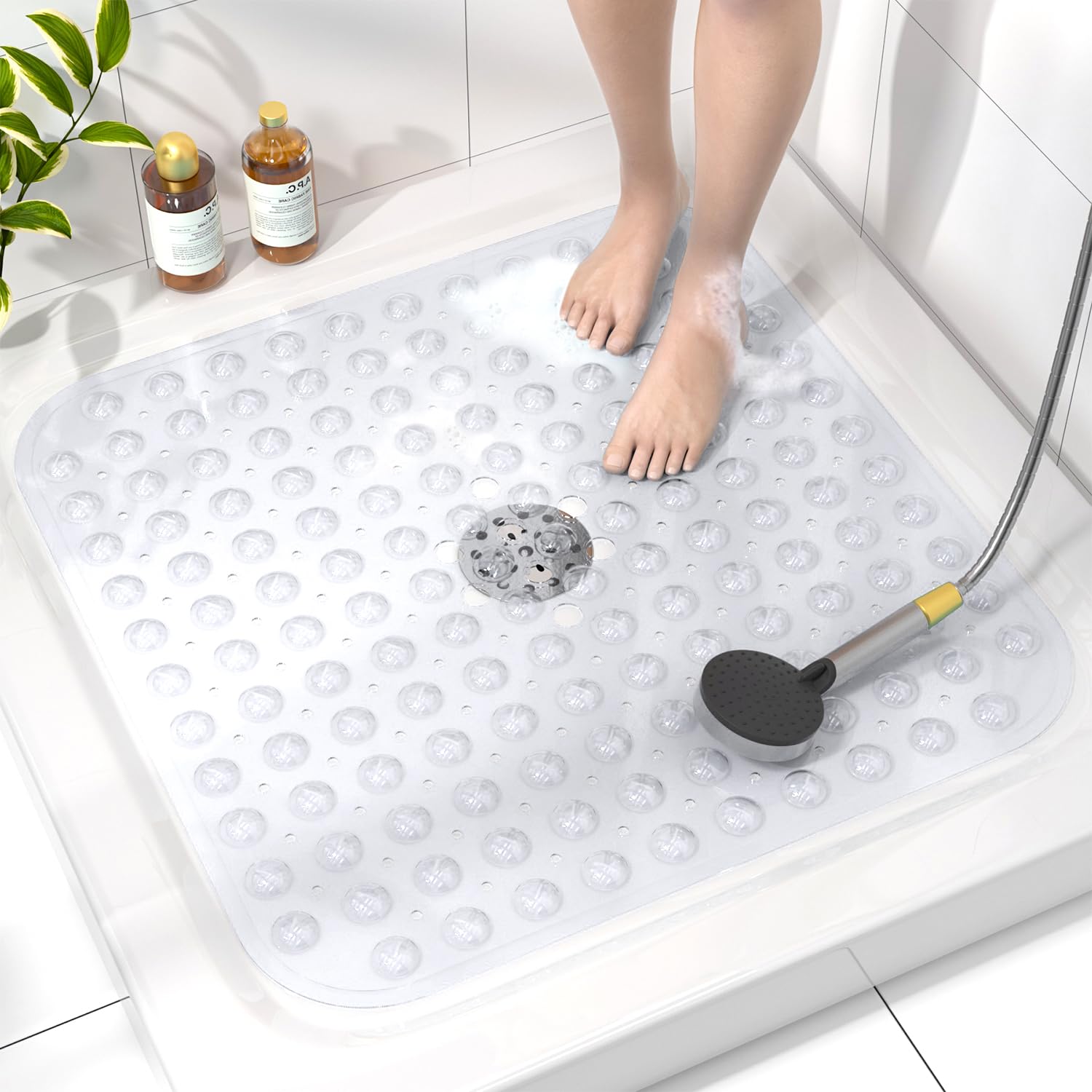 HITSLAM Square Shower Mat Non Slip Anti Mould, 53 x 53cm Bath Mat for Tub with Suction Cups and Drain Holes, Machine Washable Bathroom Anti Slip Shower Mat, Soft on Feet, Clear