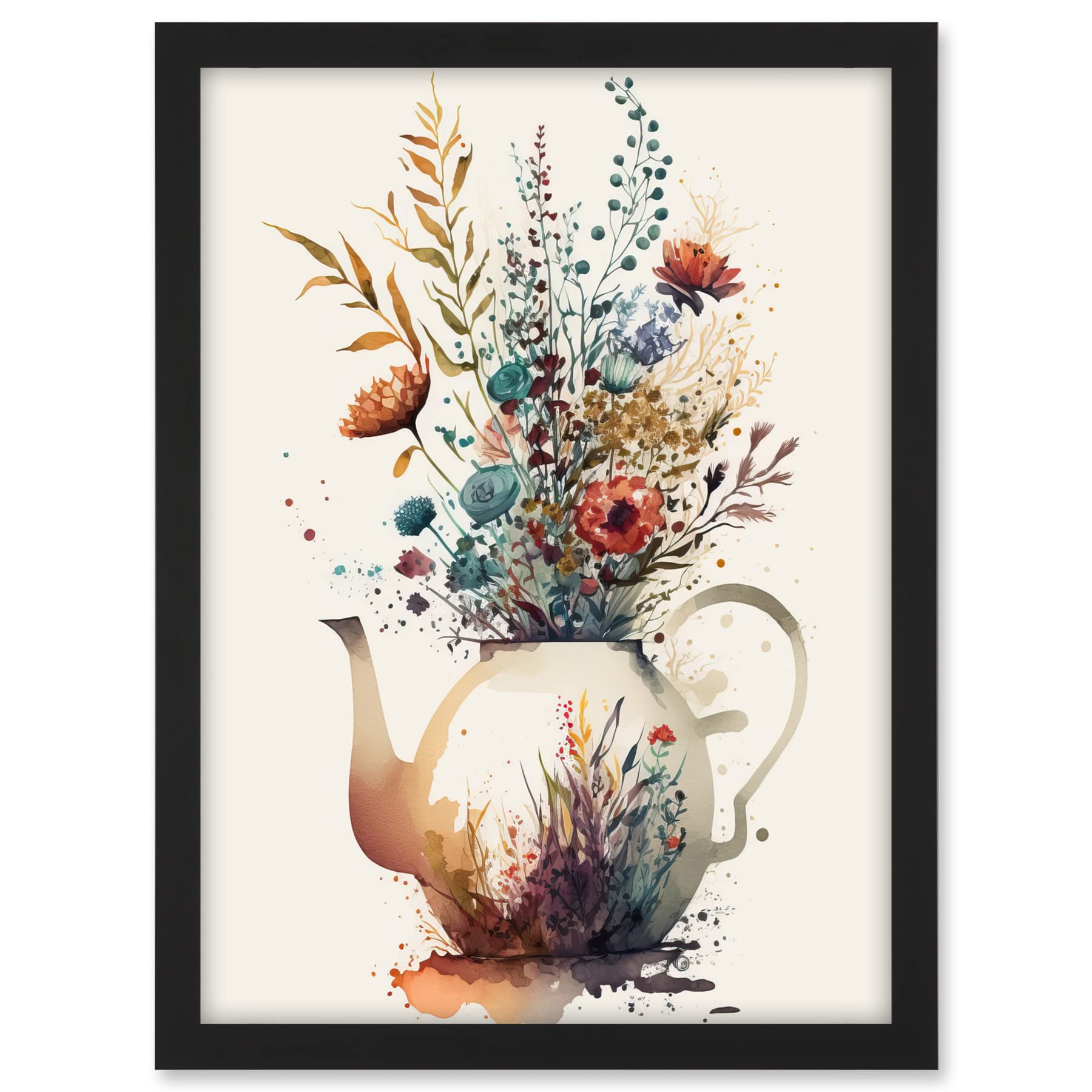 Artery8 Wildflower Bouquet Teapot Vase with Floral Design Artwork Framed A3 Wall Art Print