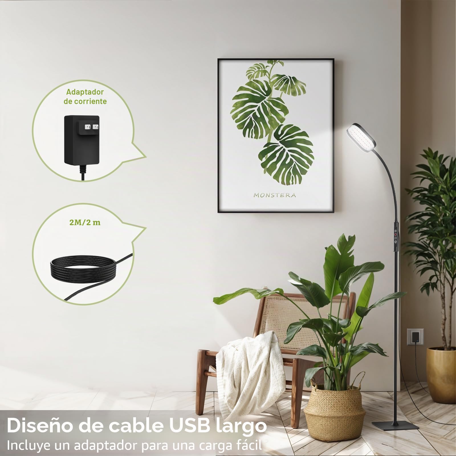 Mojimdo Lámpara para Plantas 336 LED, Espectro Completo 10W, 5 Niveles de Brillo, 3 Alturas Ajustables, Cuello Flexible 360°, Temporizador, Ideal para Plantas de Interior