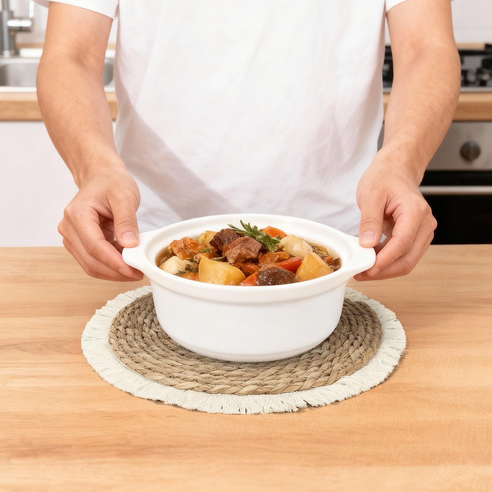 Set Tavoli Rotondi 6 Pezzi, Copripiatto Intrecciato con Design a Frange, Resistente al Calore per Decorazione Boho di Tavolo Cucina, Lavabile, Antiscivolo, Beige
