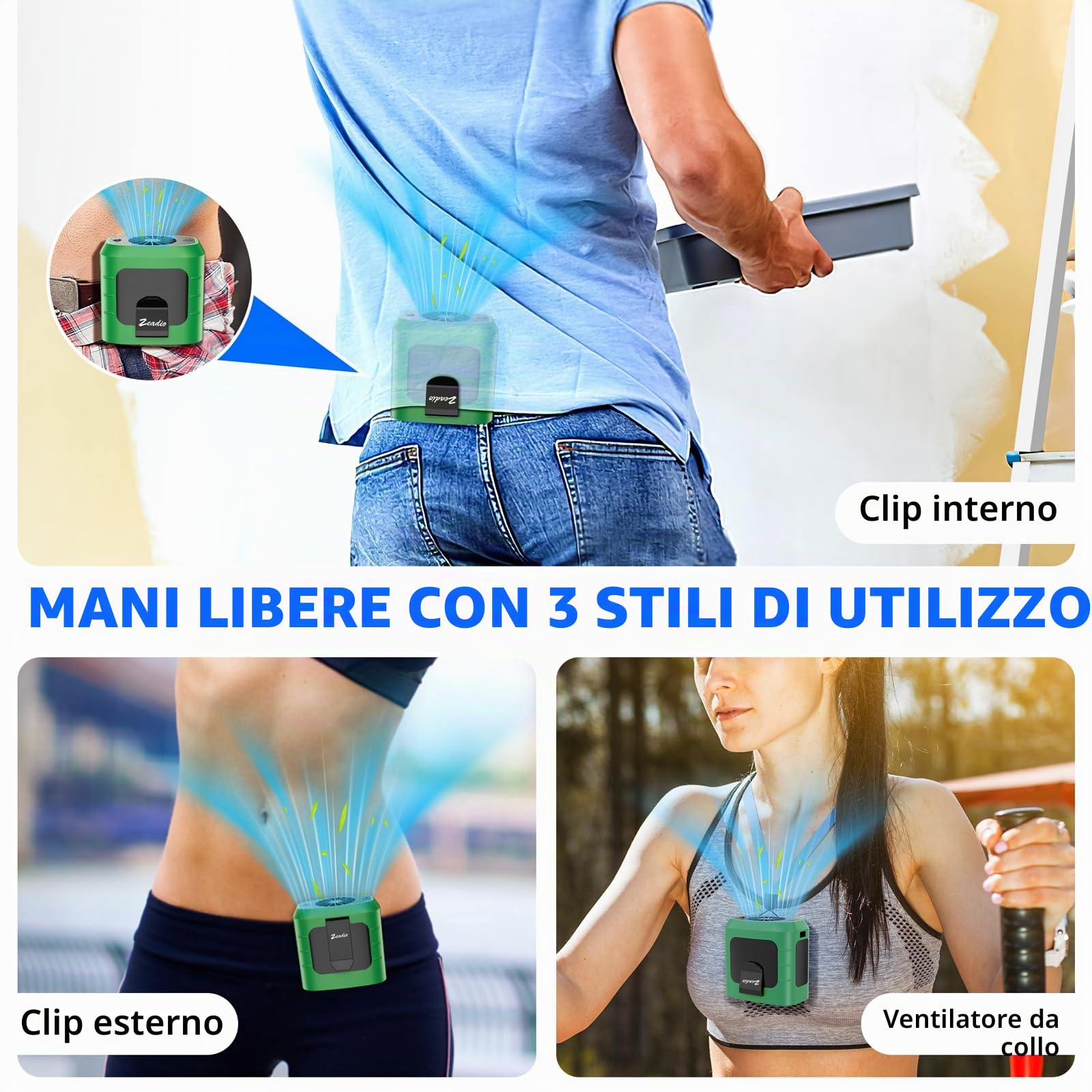 Zeadio - Ventilatore portatile con clip per cintura, 3 velocità, 10000 mAh, indossabile come collana, senza mani, con funzione di illuminazione per vampate di calore, per casa, ufficio, viaggi, sport