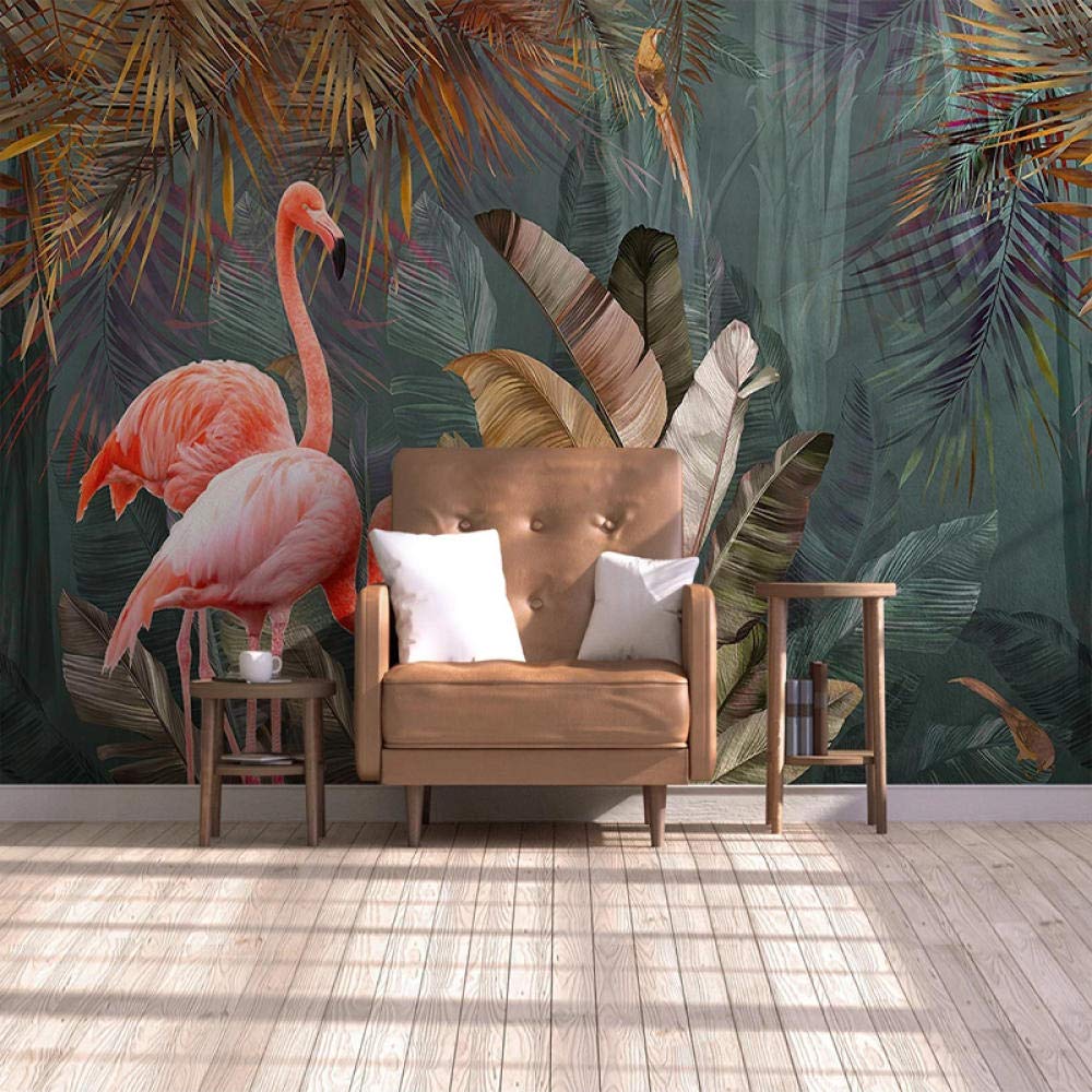Papier peint mural 3D forêt tropicale et flamant rose 400x280 cm pour salon