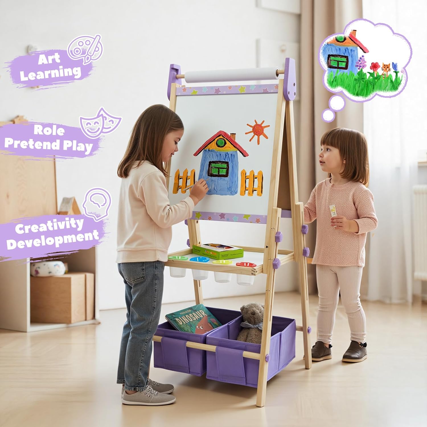 3-in-1 Kids Art Easel Set, Height Adjustable Magnetic Whiteboard & Chalkboard with Painting Paper Roll, Wooden Dual-Sided Art Station for Toddlers & Children Ages 3-8 (Art Supplies Included)