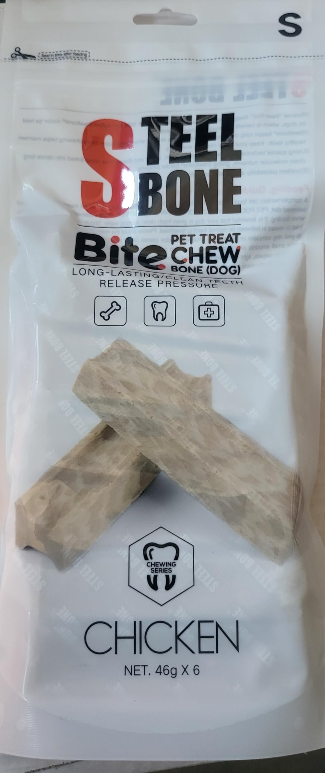 Steel Bone Chicken Flavoured Dog Chew Treat, Long-Lasting Pet Dental Bone, 46g x 6 Pack, Size S