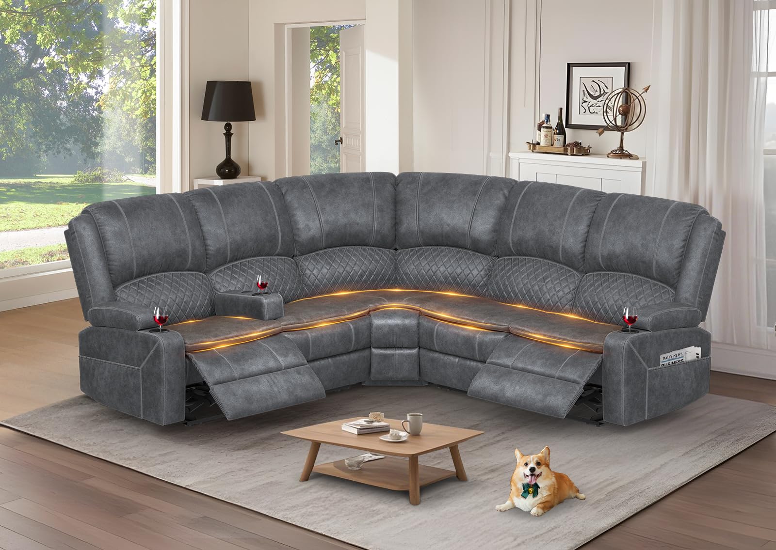 Yolsali Manual Reclining Sectional Sofa Set, 5 Seats Soft Dutch Velvet Recliner Corner Sectional Couch, Family-Sized L-Shaped Recliner Couch with USB